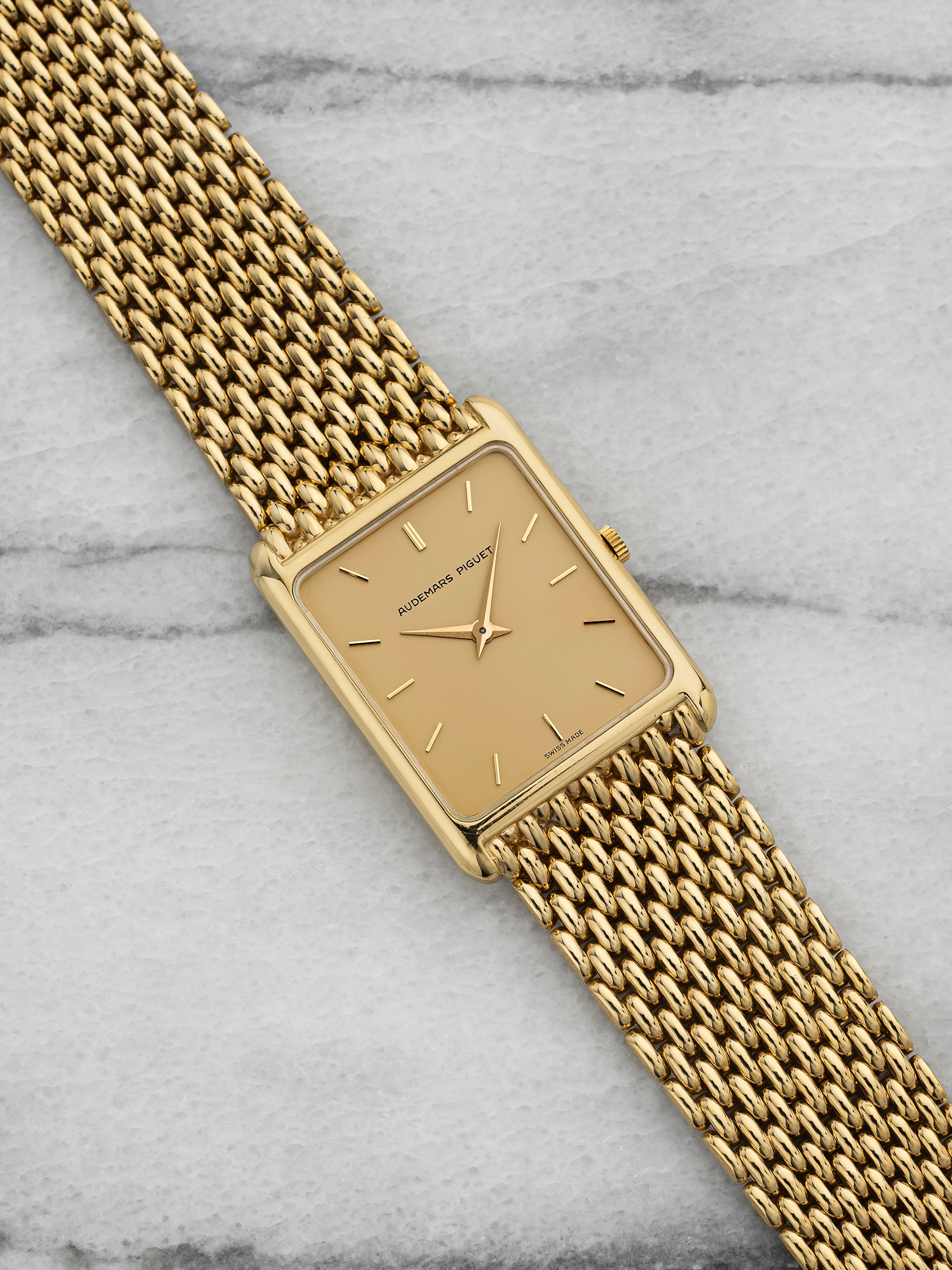 Vintage 1970s Audemars Piguet Tank 18K Yellow Gold Champagne Dial Quartz 28 mm