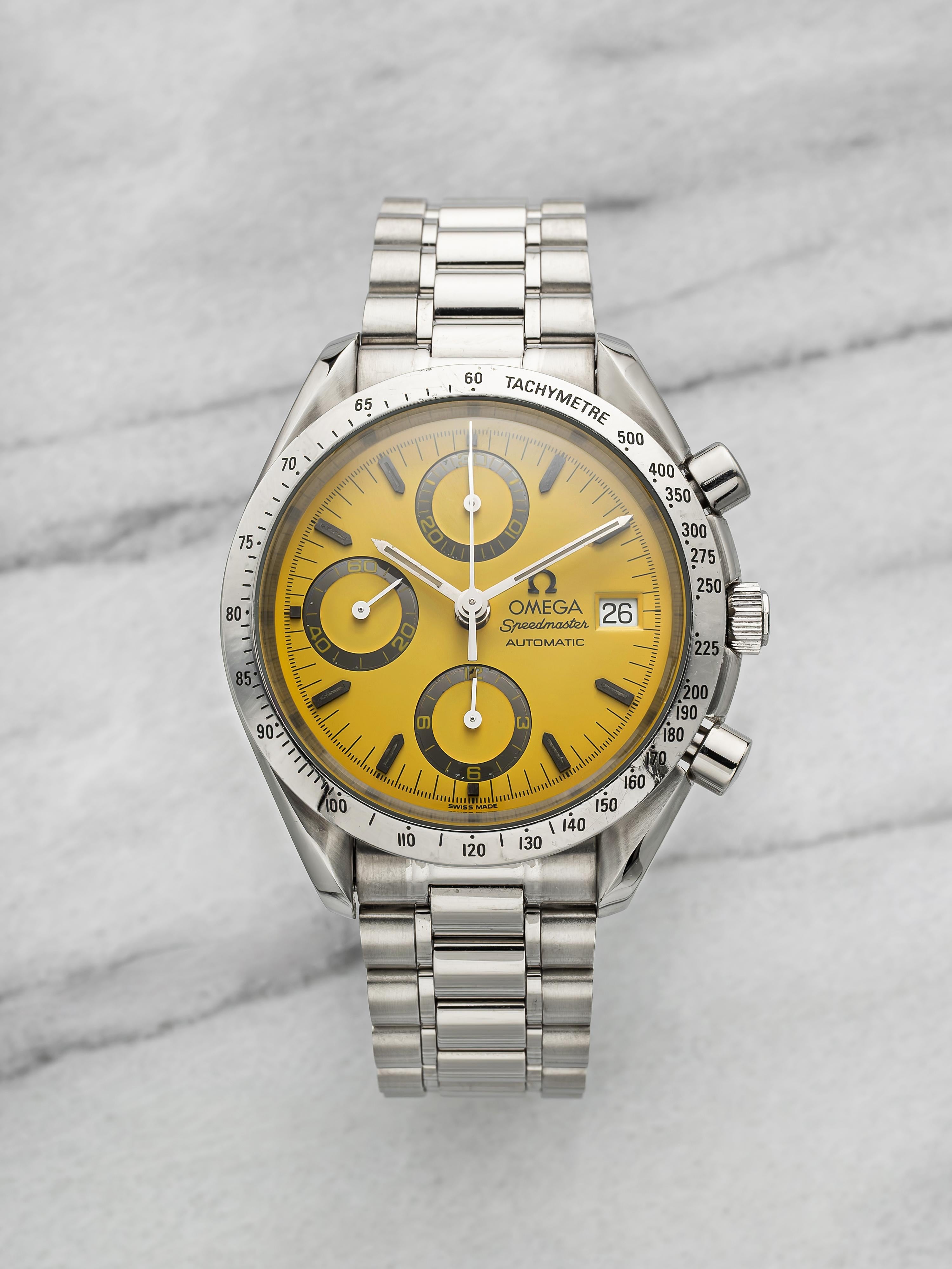 Vintage 1996 Omega Speedmaster 3511.12.00 Stainless Steel Yellow Dial Auto 39mm