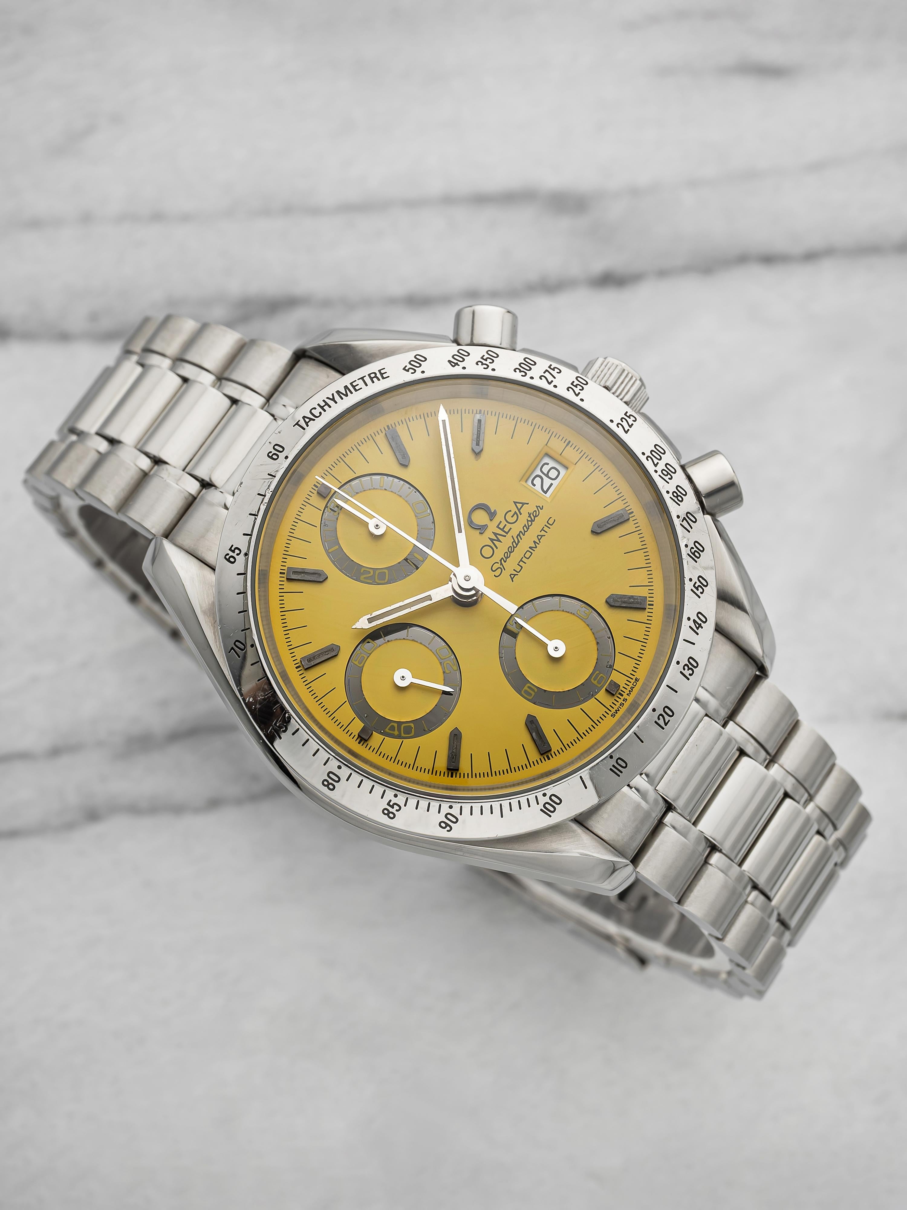 Vintage 1996 Omega Speedmaster 3511.12.00 Stainless Steel Yellow Dial Auto 39mm