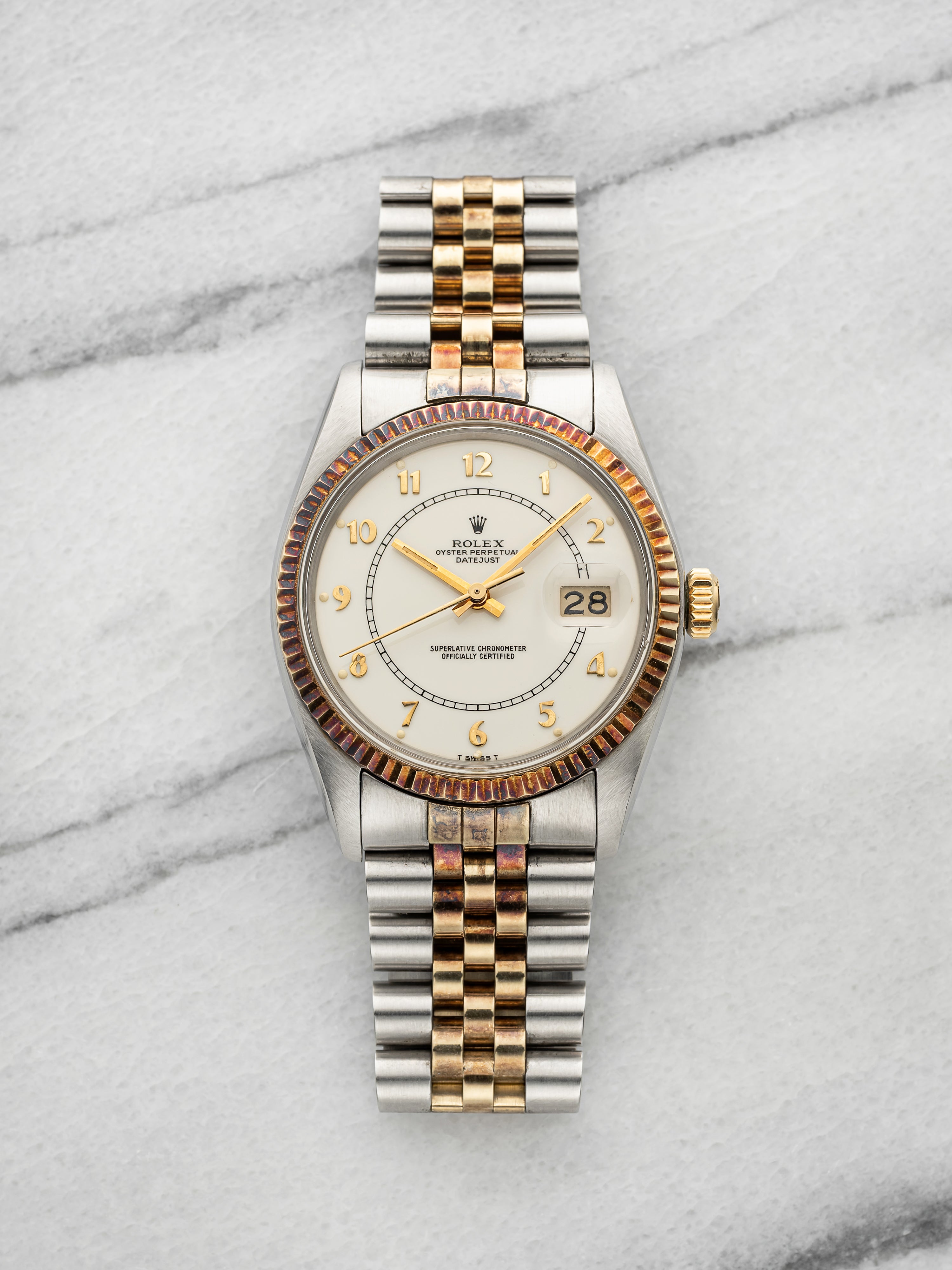 Vintage 1978 Rolex Datejust 16013 Two-Tone White Boiler Gauge Dial Auto 36mm