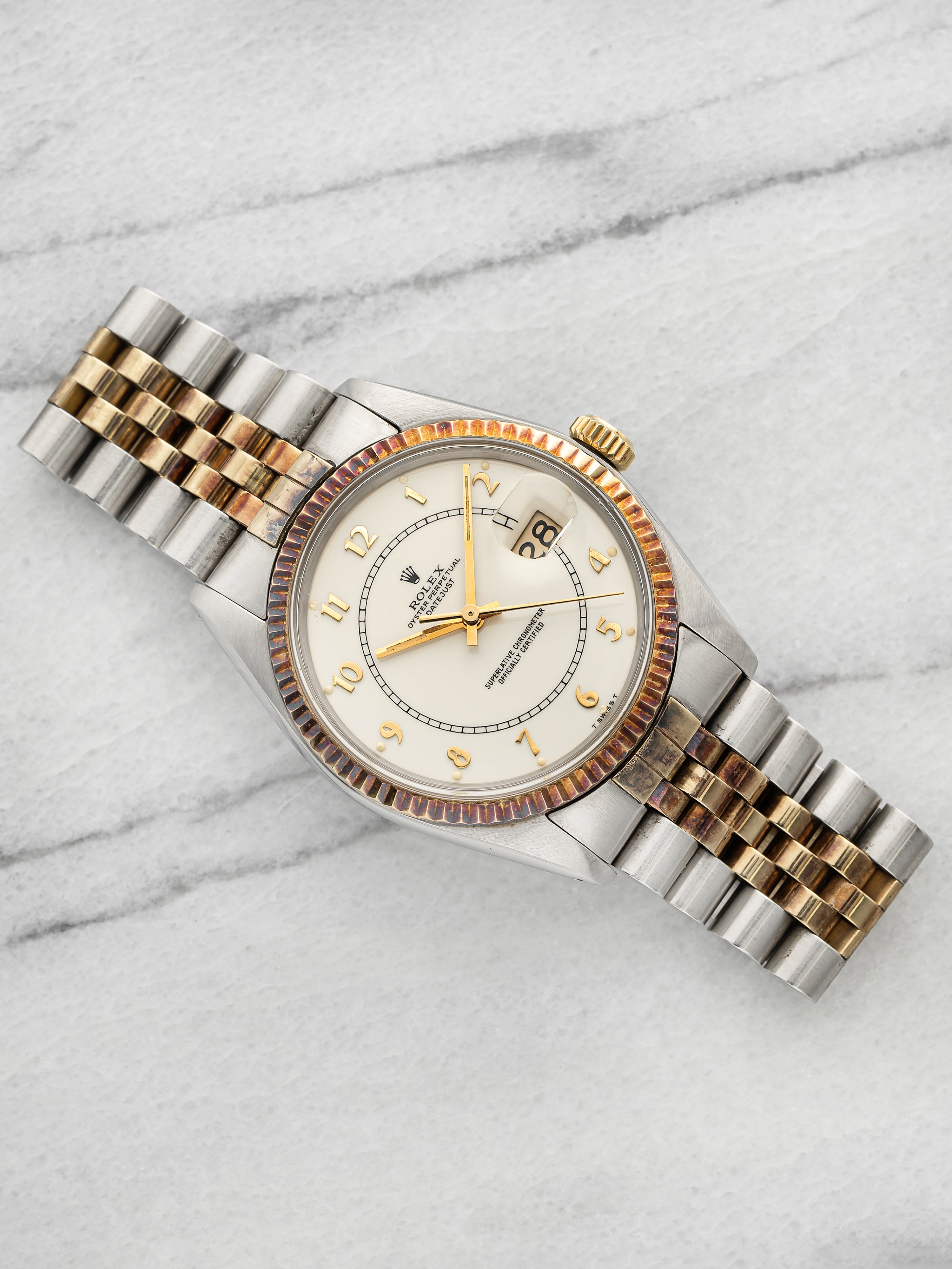 Vintage 1978 Rolex Datejust 16013 Two-Tone White Boiler Gauge Dial Auto 36mm