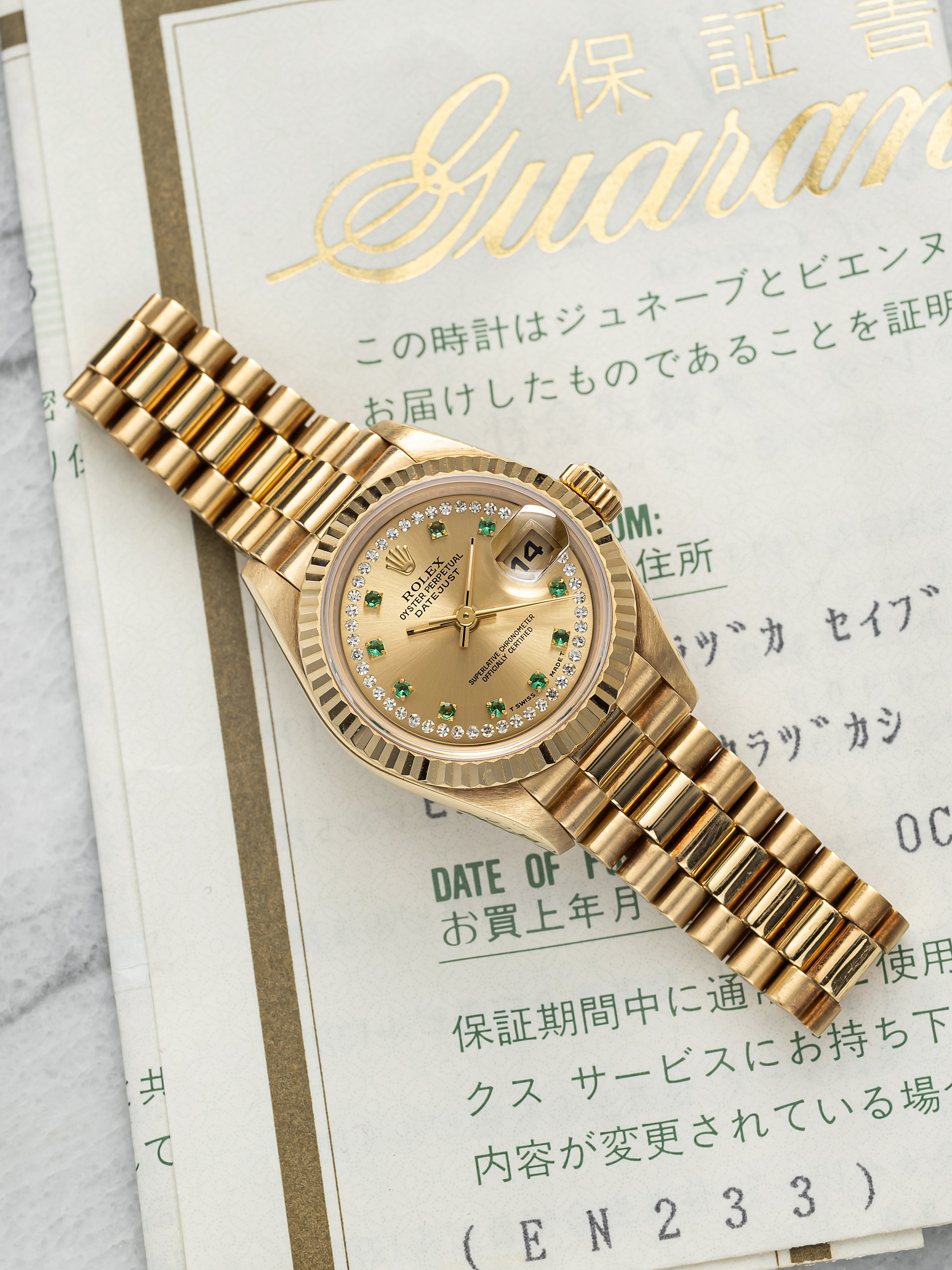 RolexLady Datejust - 18K Yellow Gold Factory Emerald Indices String Diamond Dial