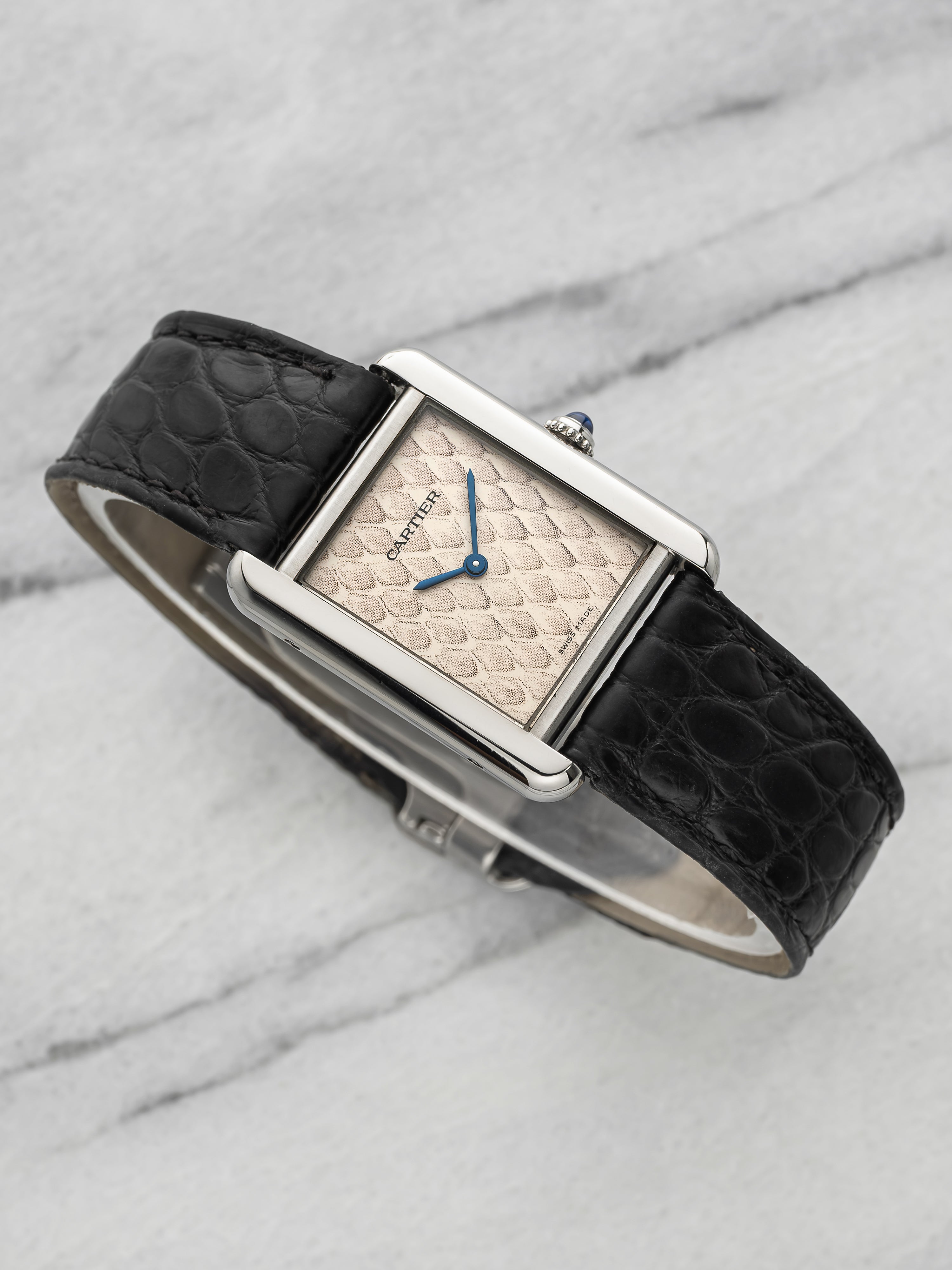 2000s Cartier Tank Solo 3170 Stainless Steel Snake Print Dial Quartz 28mm