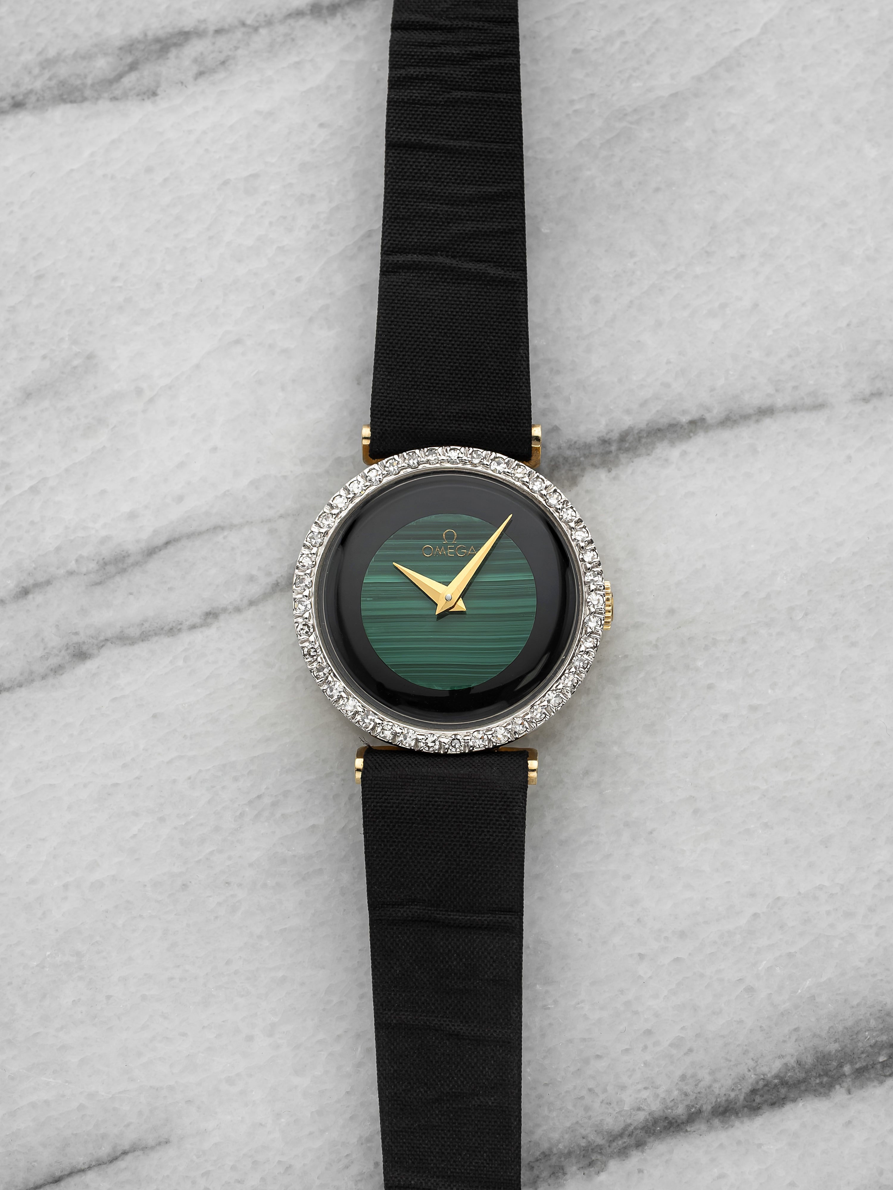 Vintage 1950s Omega Lady Dress 257722 14K YG Malachite Diamond Dial Manual 30 mm
