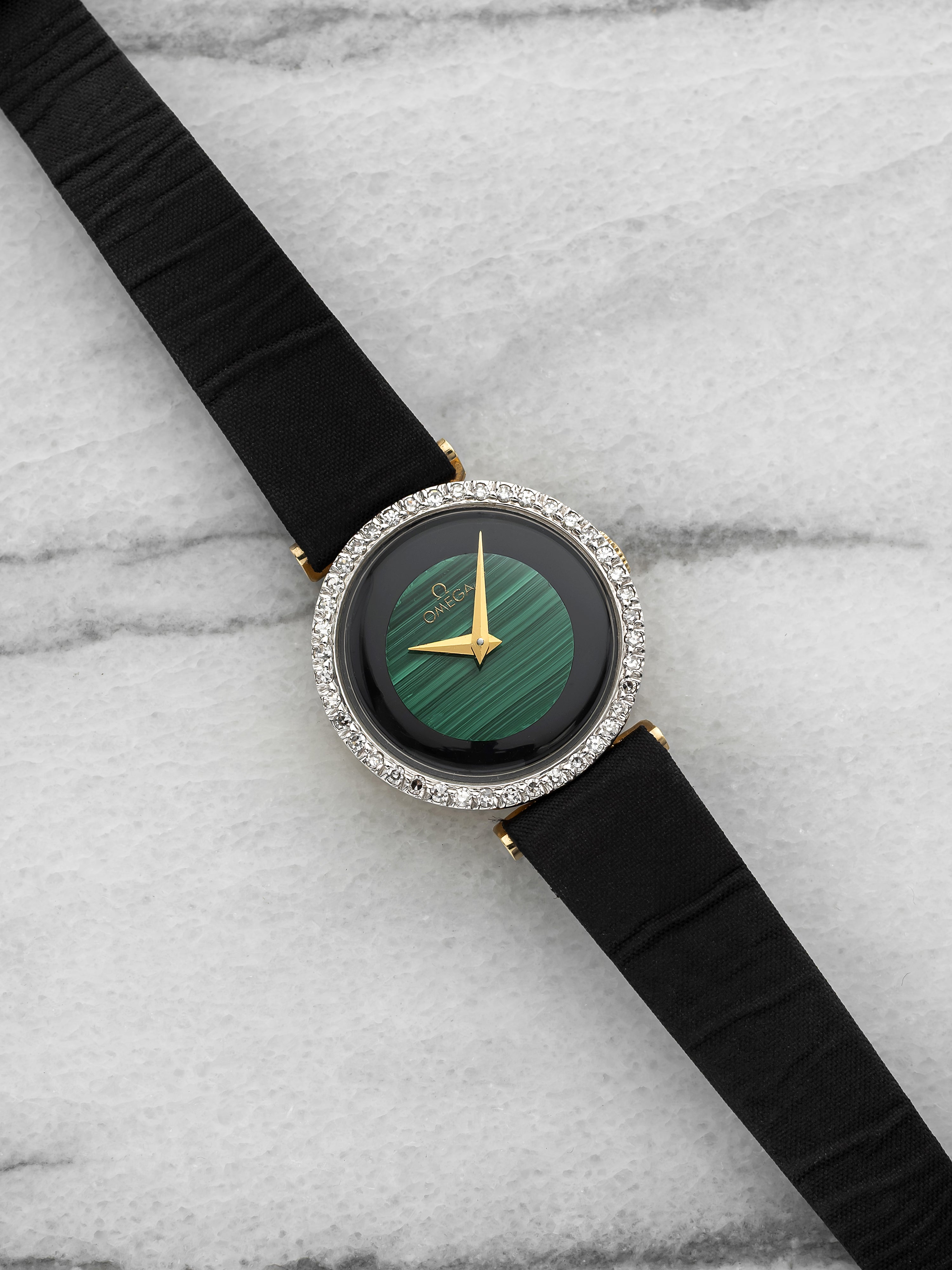 Vintage 1950s Omega Lady Dress 257722 14K YG Malachite Diamond Dial Manual 30 mm