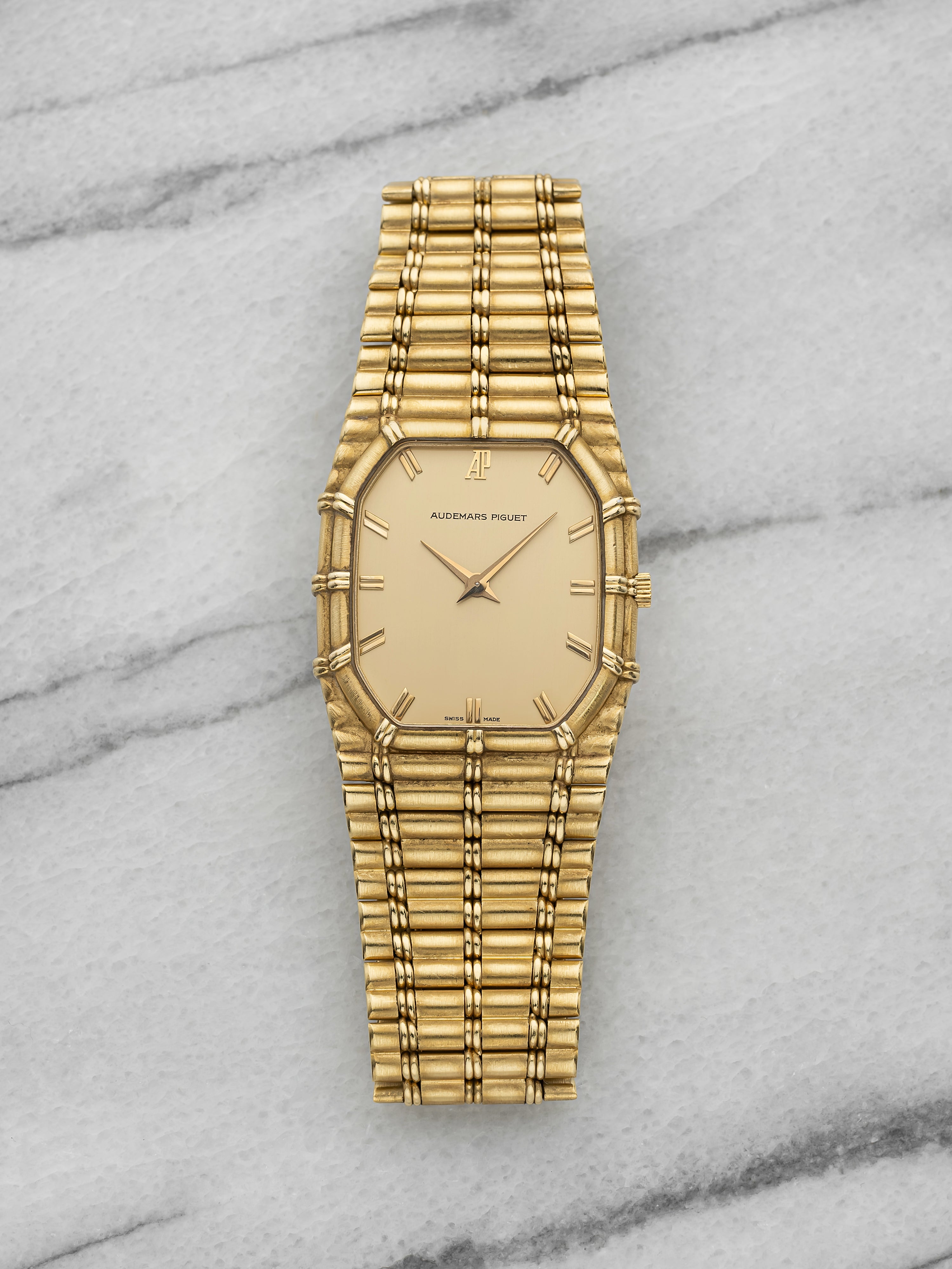 Vintage 1980s Audemars Piguet Bamboo 18K Yellow Gold Champagne Dial Quartz 27 mm