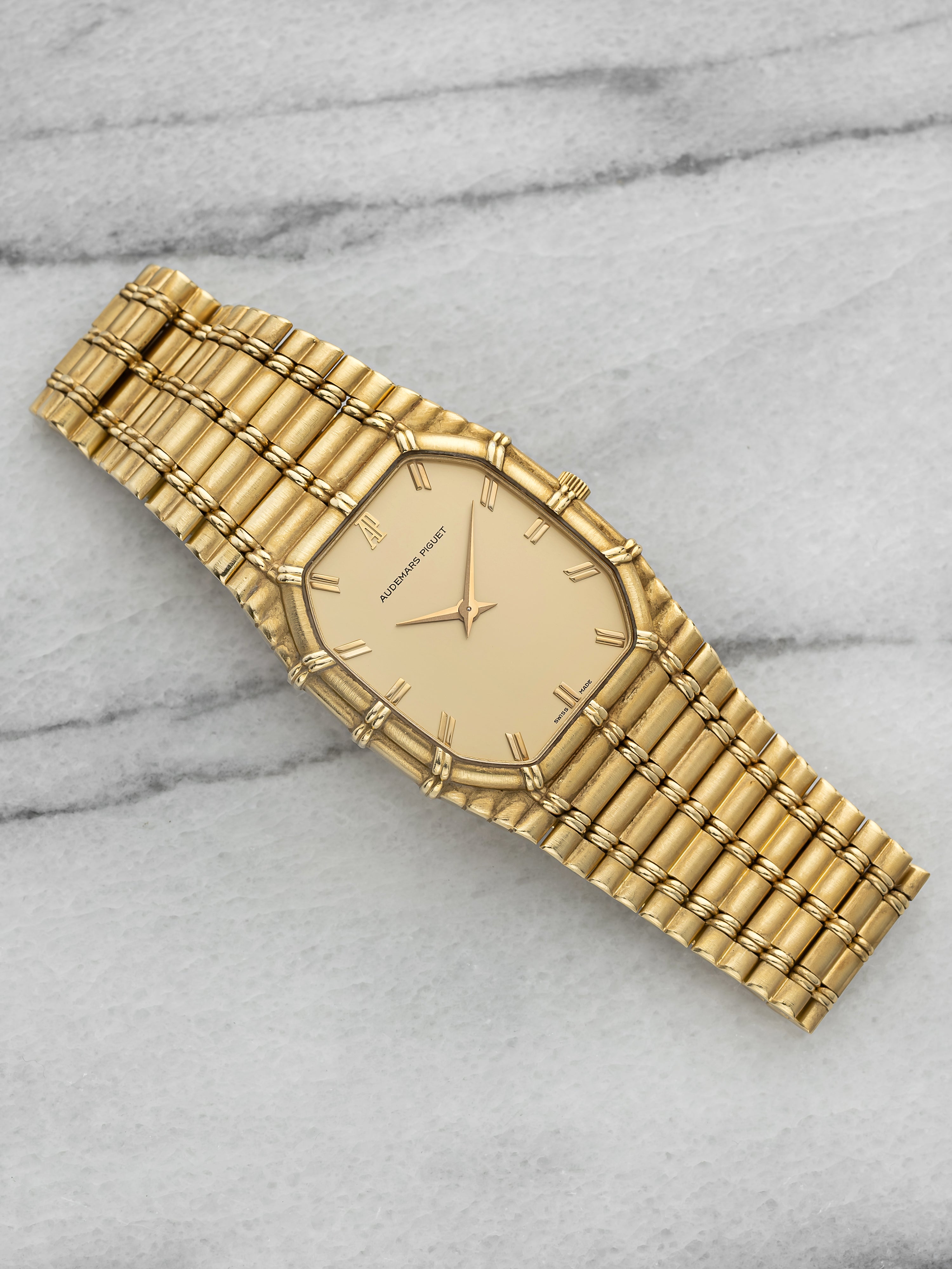 Vintage 1980s Audemars Piguet Bamboo 18K Yellow Gold Champagne Dial Quartz 27 mm
