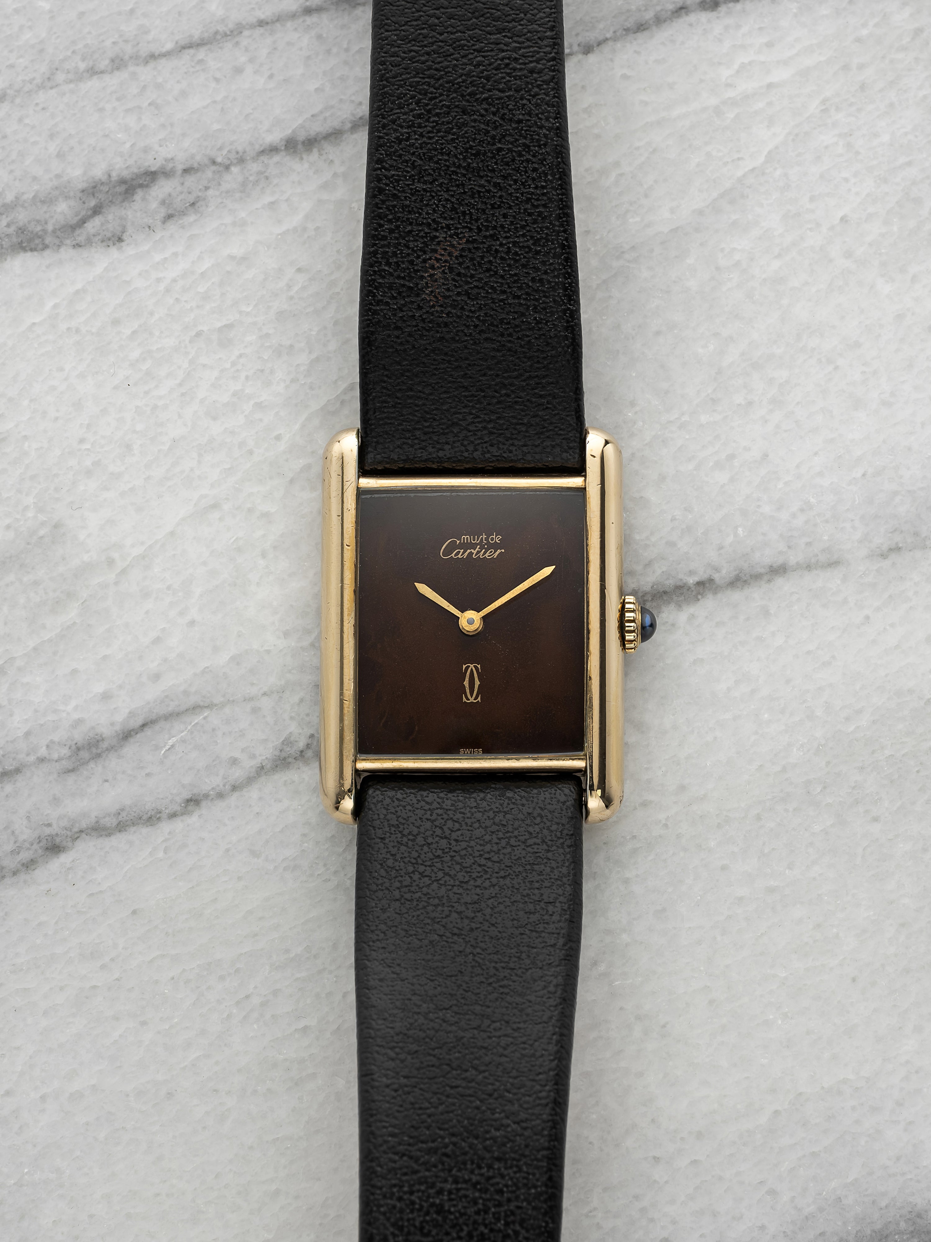 Vintage 1970s Cartier Must Tank Vermeil Brown Tortoise Dial Manual 23mm