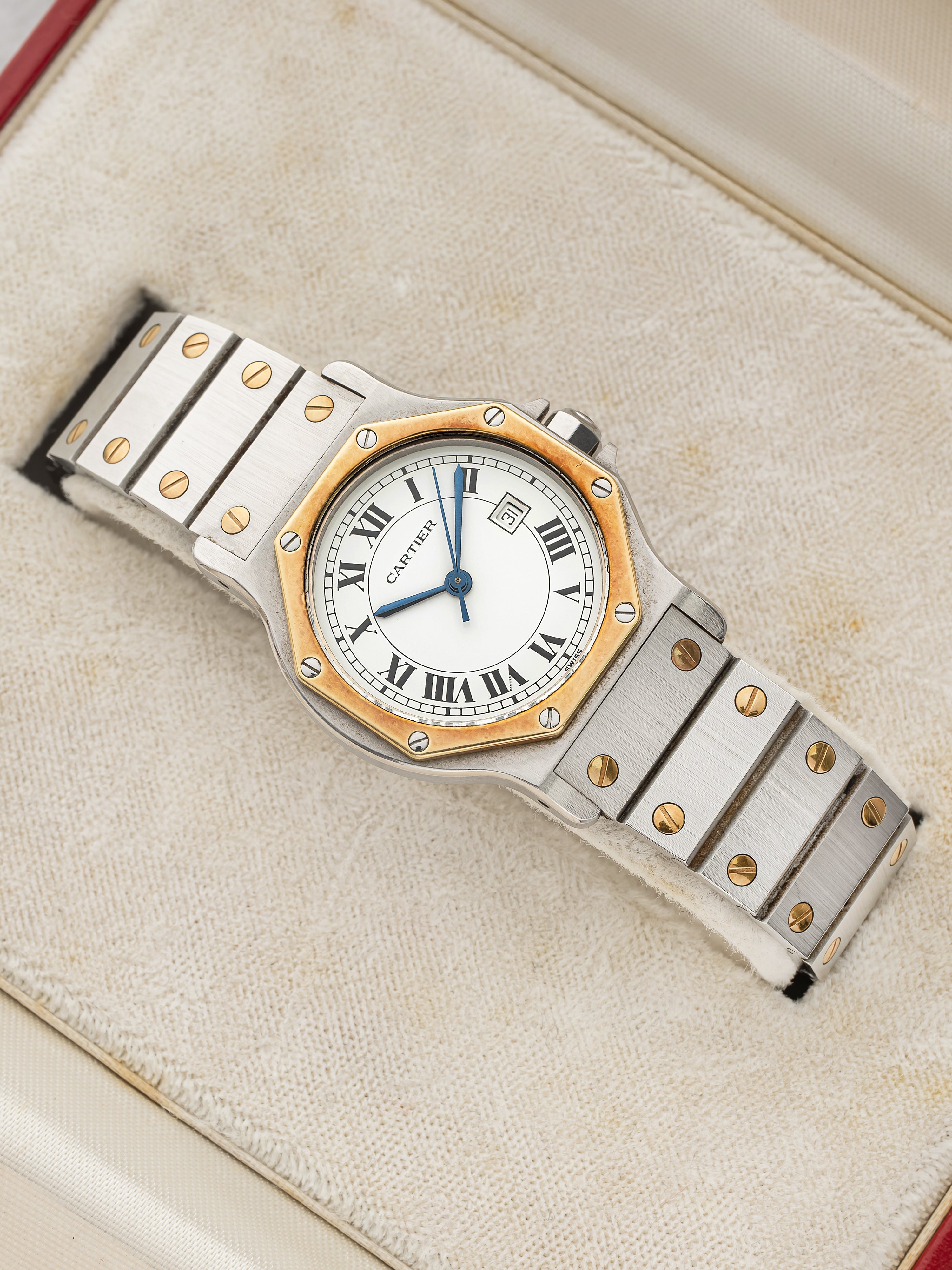 Vintage 1990s Cartier Santos Octagonal 2966 Two-Tone White Roman Dial Auto 30mm