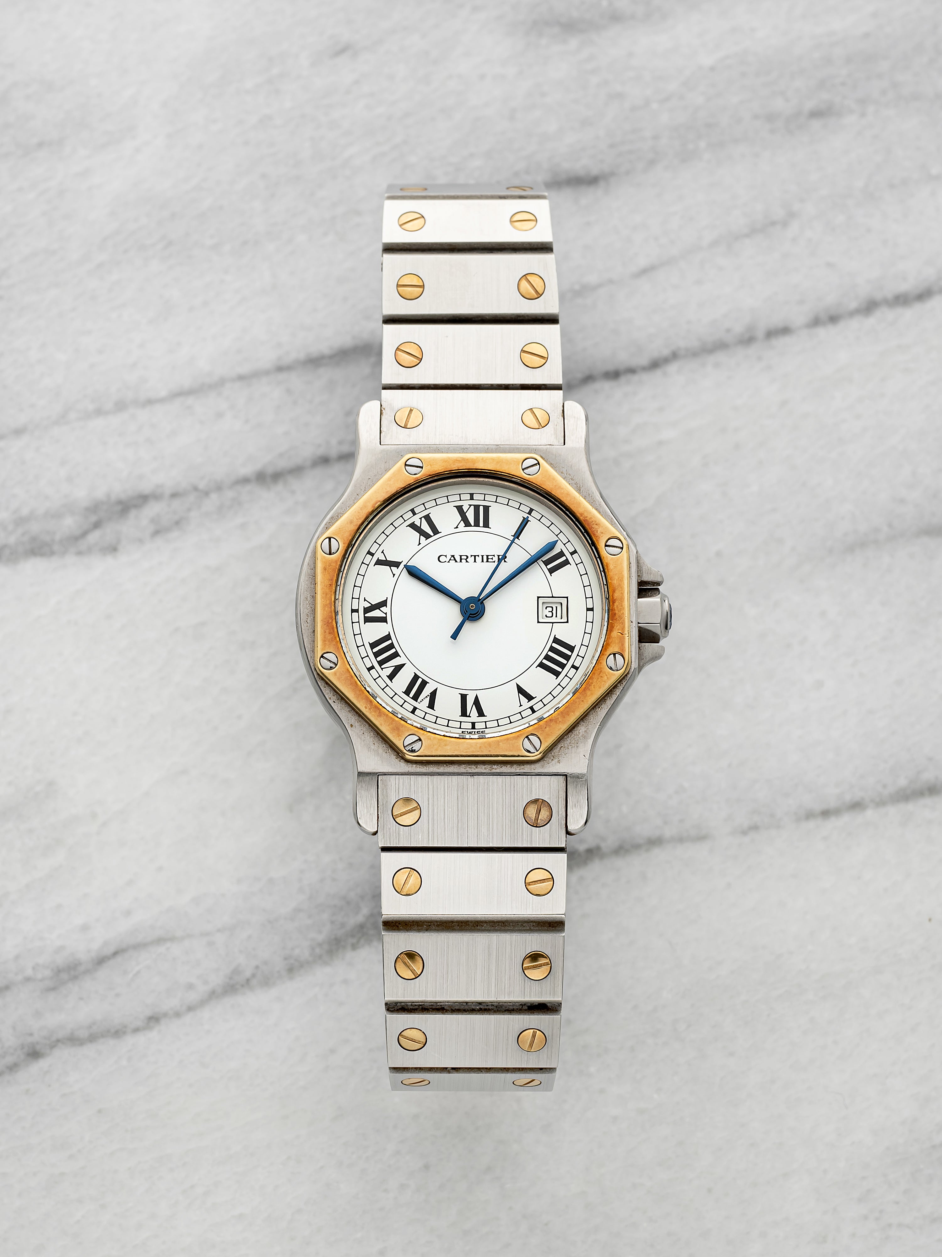 Vintage 1990s Cartier Santos Octagonal 2966 Two-Tone White Roman Dial Auto 30mm