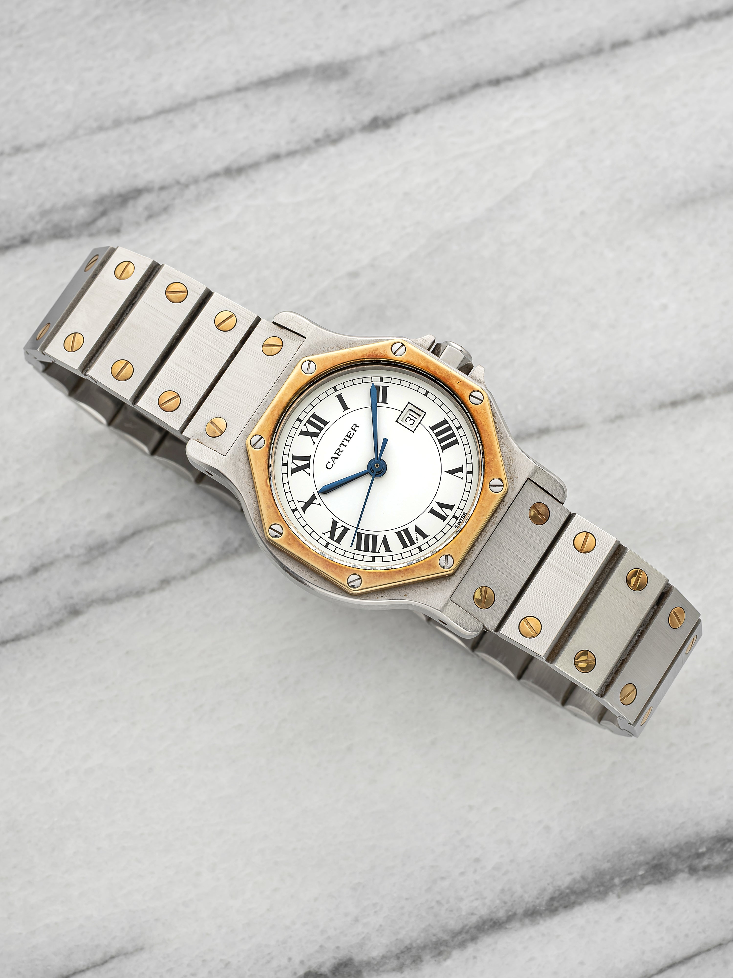 Vintage 1990s Cartier Santos Octagonal 2966 Two-Tone White Roman Dial Auto 30mm