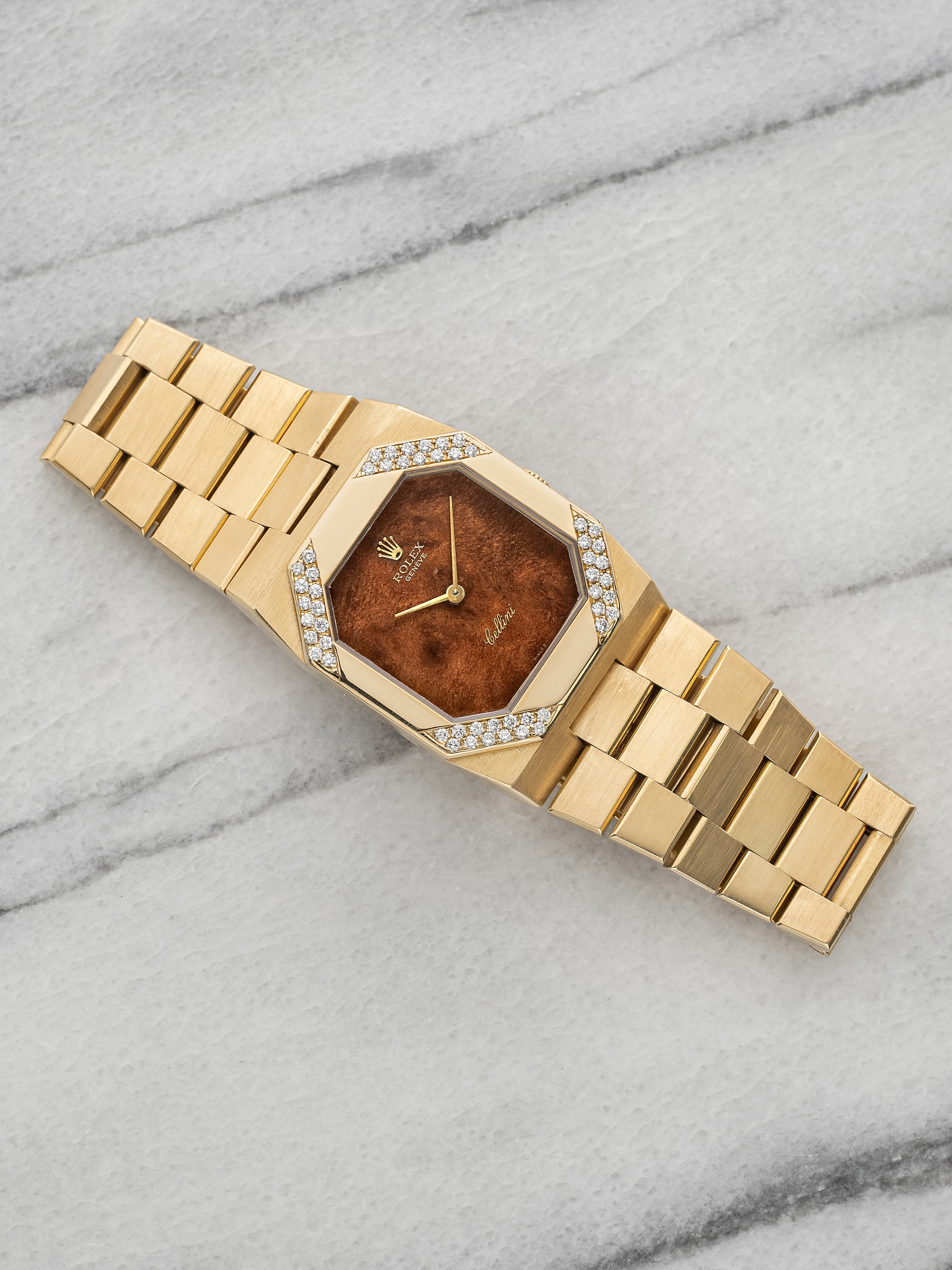 Vintage 1976 Rolex Cellini 4055 18K YG Walnut Burl Wood Dial Diamond Manual 27mm