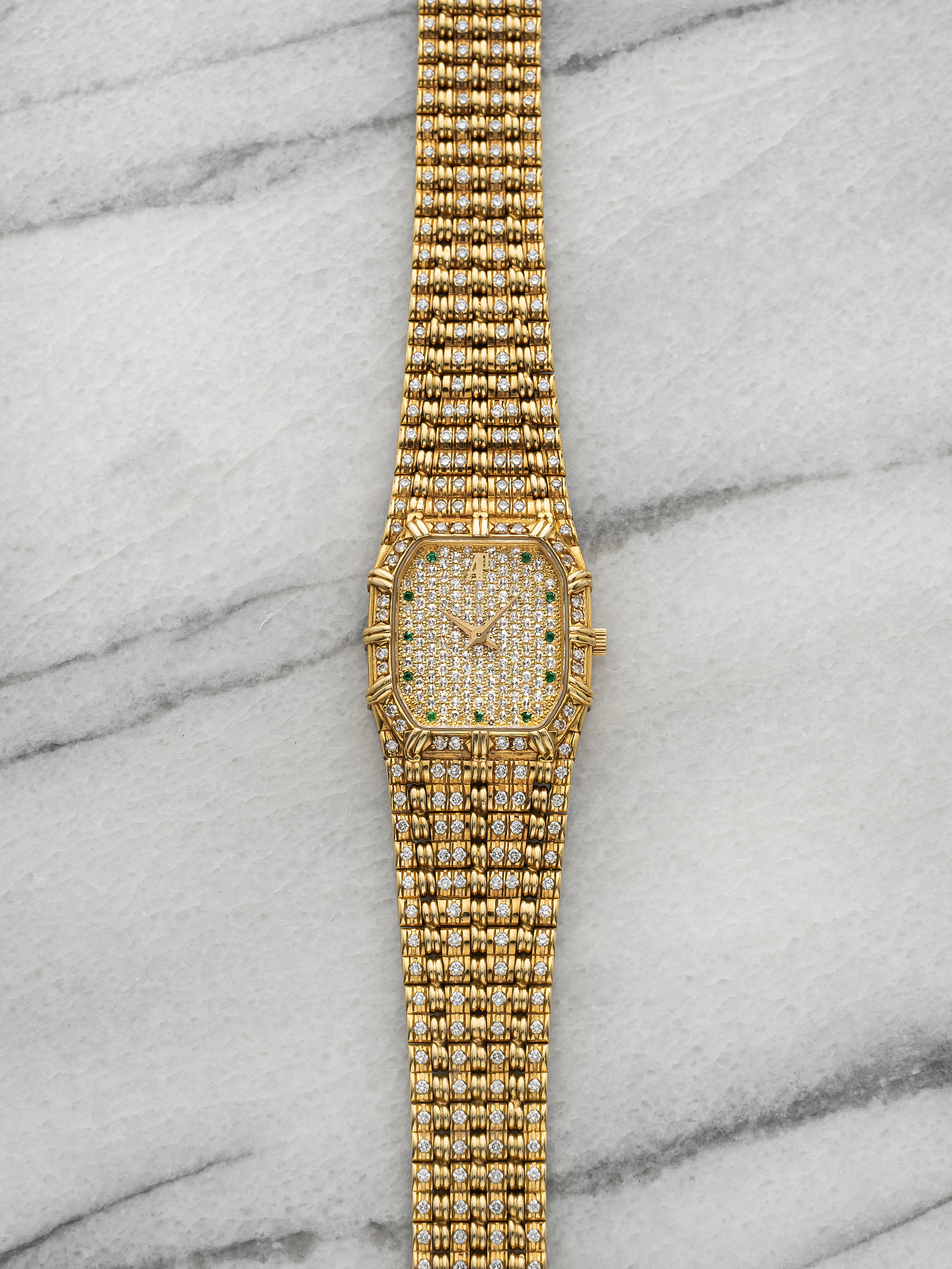 Vintage 1990s Audemars Piguet Ladies Bamboo 18K YG Diamond Emerald Dial 20mm