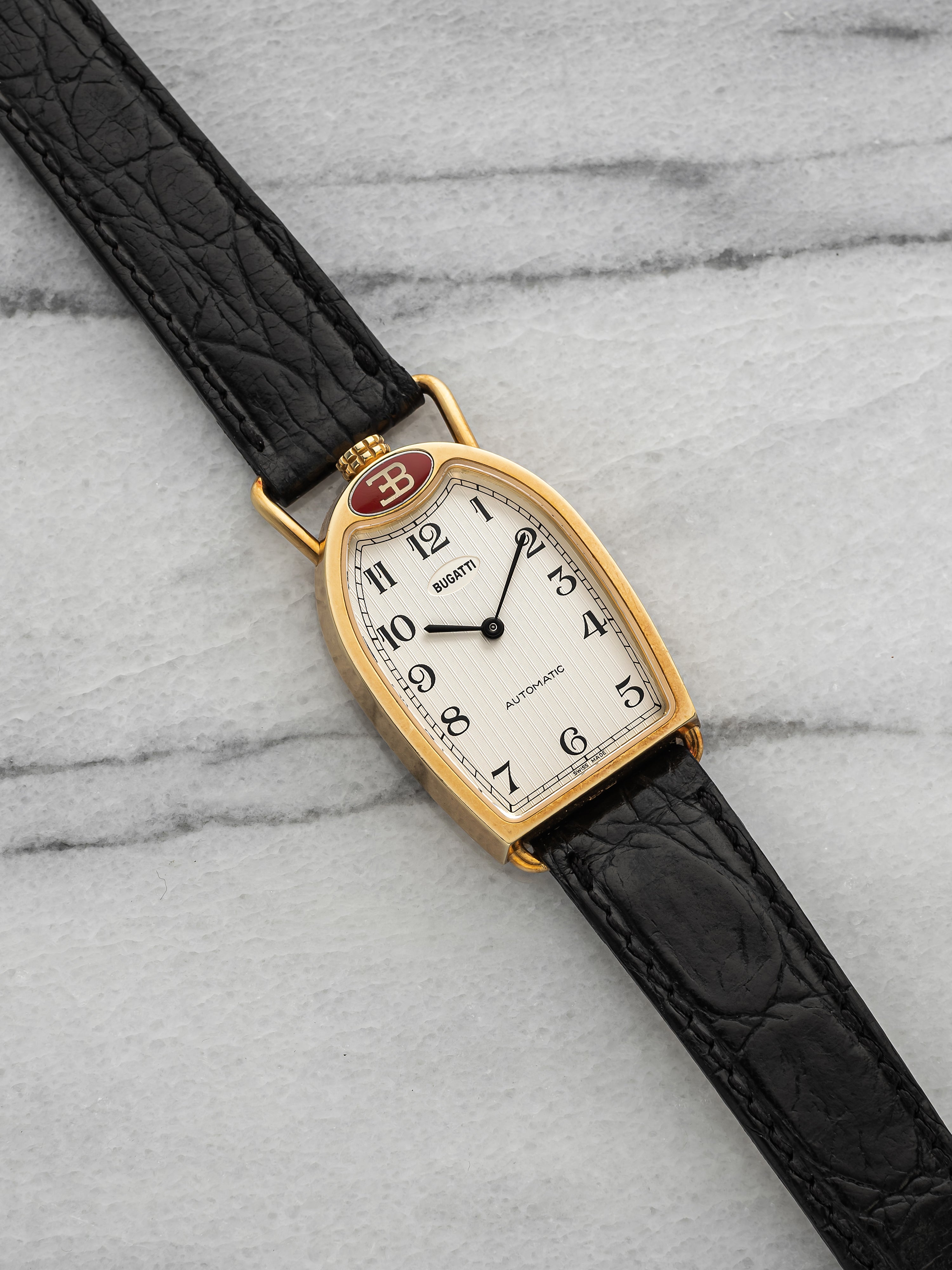 Vintage 1998 Ettore Bugatti Grille 18K Yellow Gold White Dial Auto 26mm
