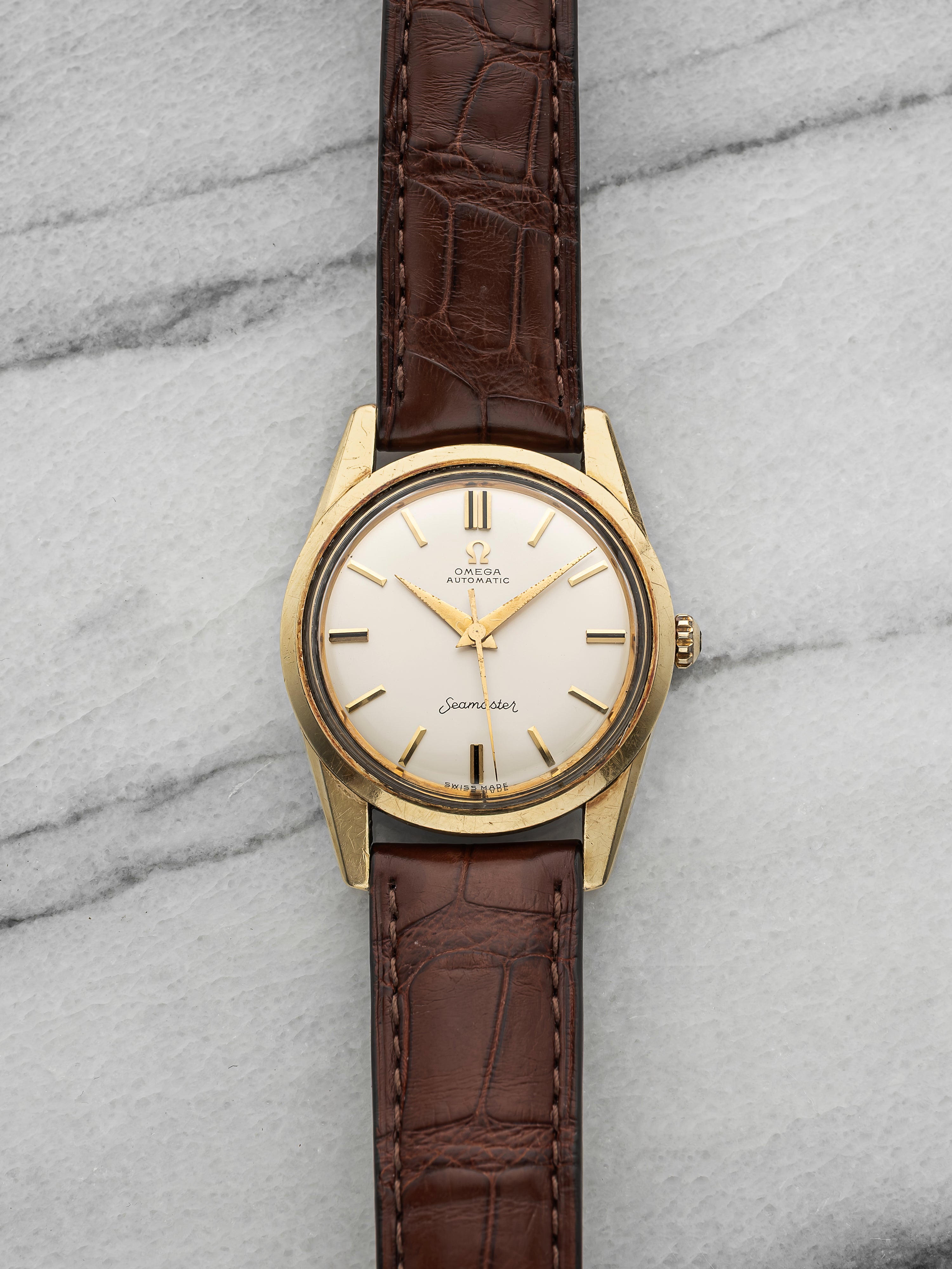 Vintage 1950s Omega Seamaster 2575 SC Capped Gold Silver Dial Auto 35mm