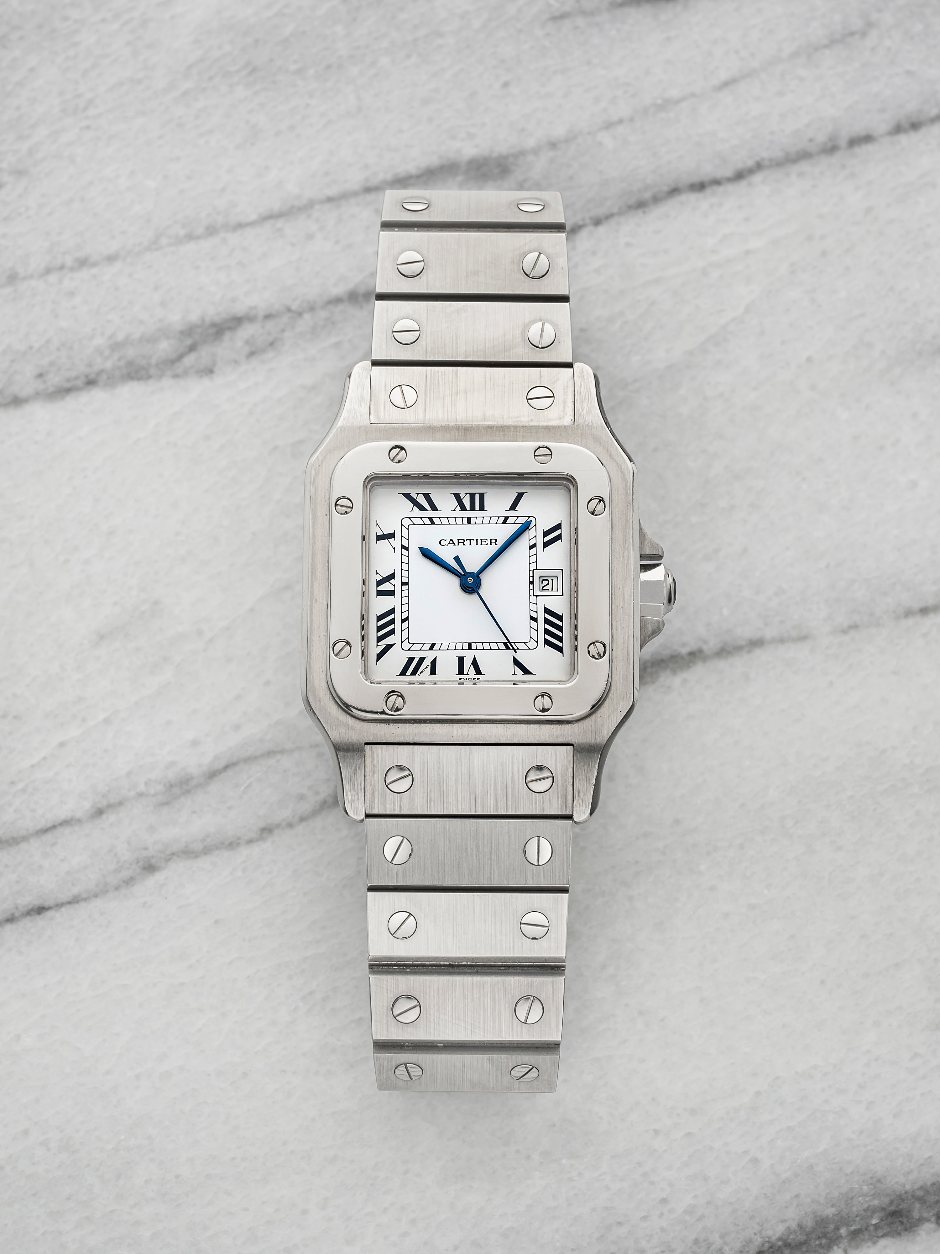Vintage 1980s Cartier Santos Carree 2960 Steel White Roman Dial Auto 29mm