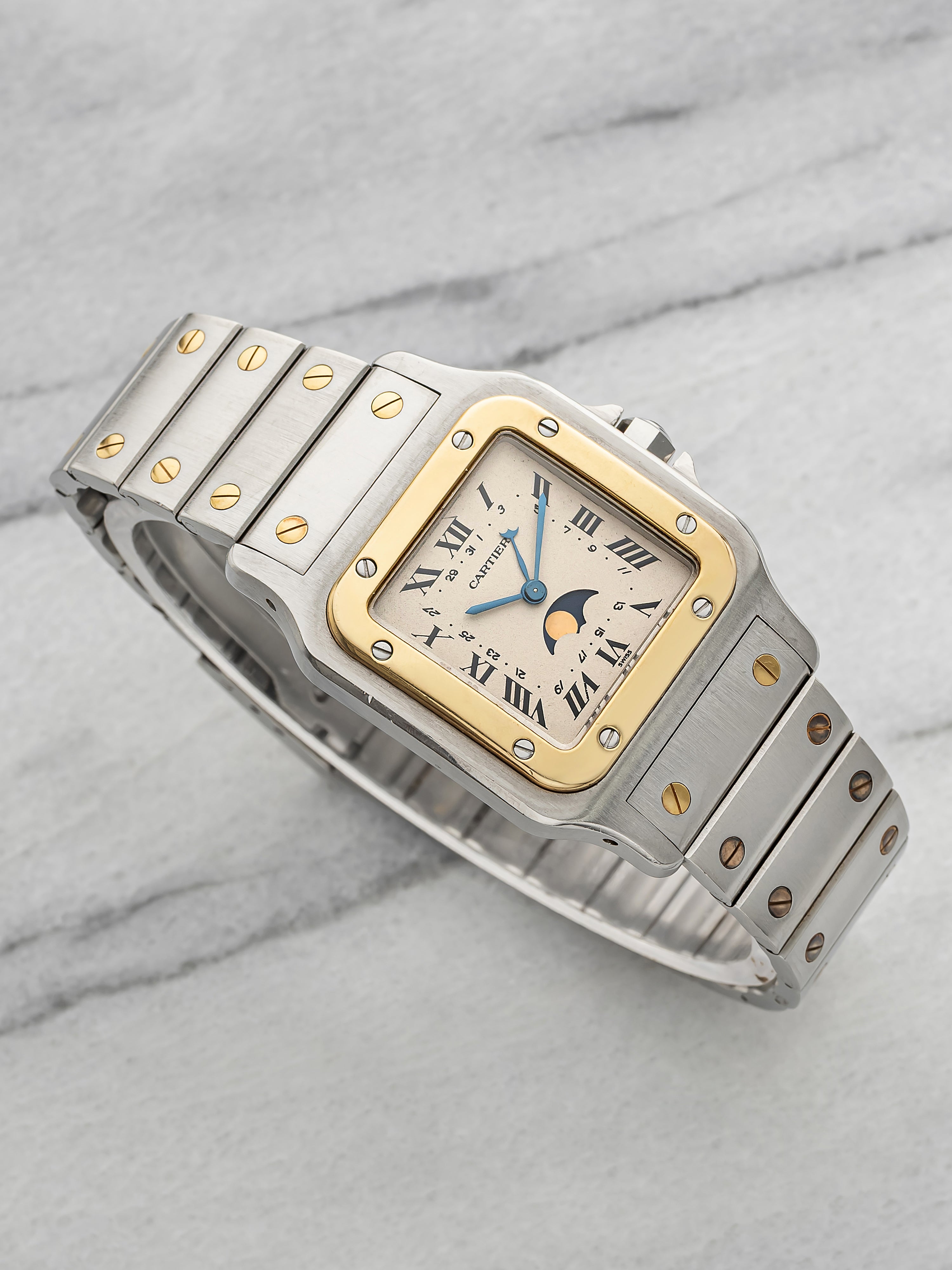 Vintage 1990s Cartier Santos 119901 Two Tone Roman Moonphase Dial Quartz 27mm