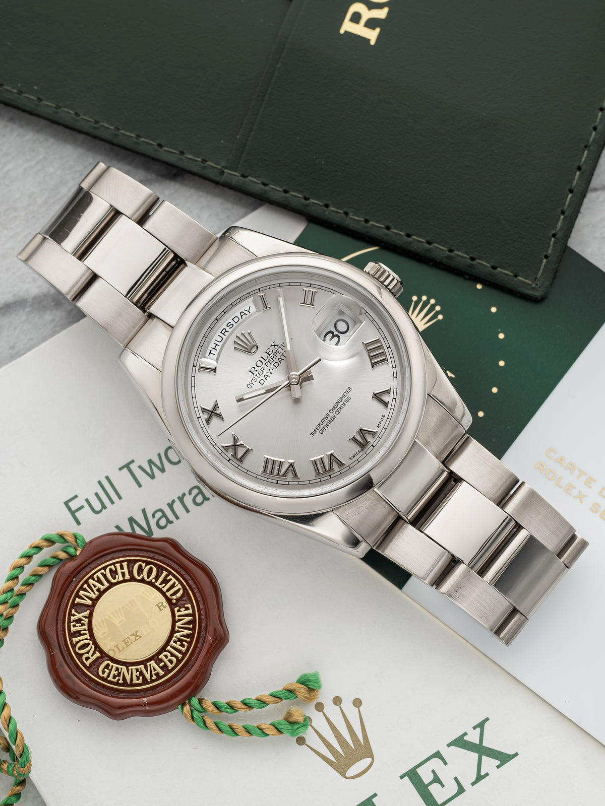 2002 Rolex Day-Date 118209 18K White Gold Silver Roman Dial Automatic 36mm