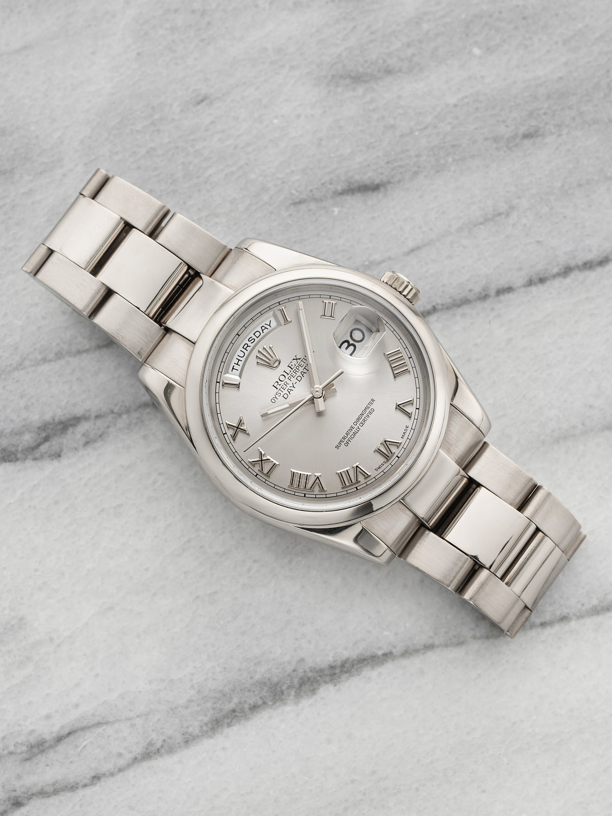 2002 Rolex Day-Date 118209 18K White Gold Silver Roman Dial Automatic 36mm