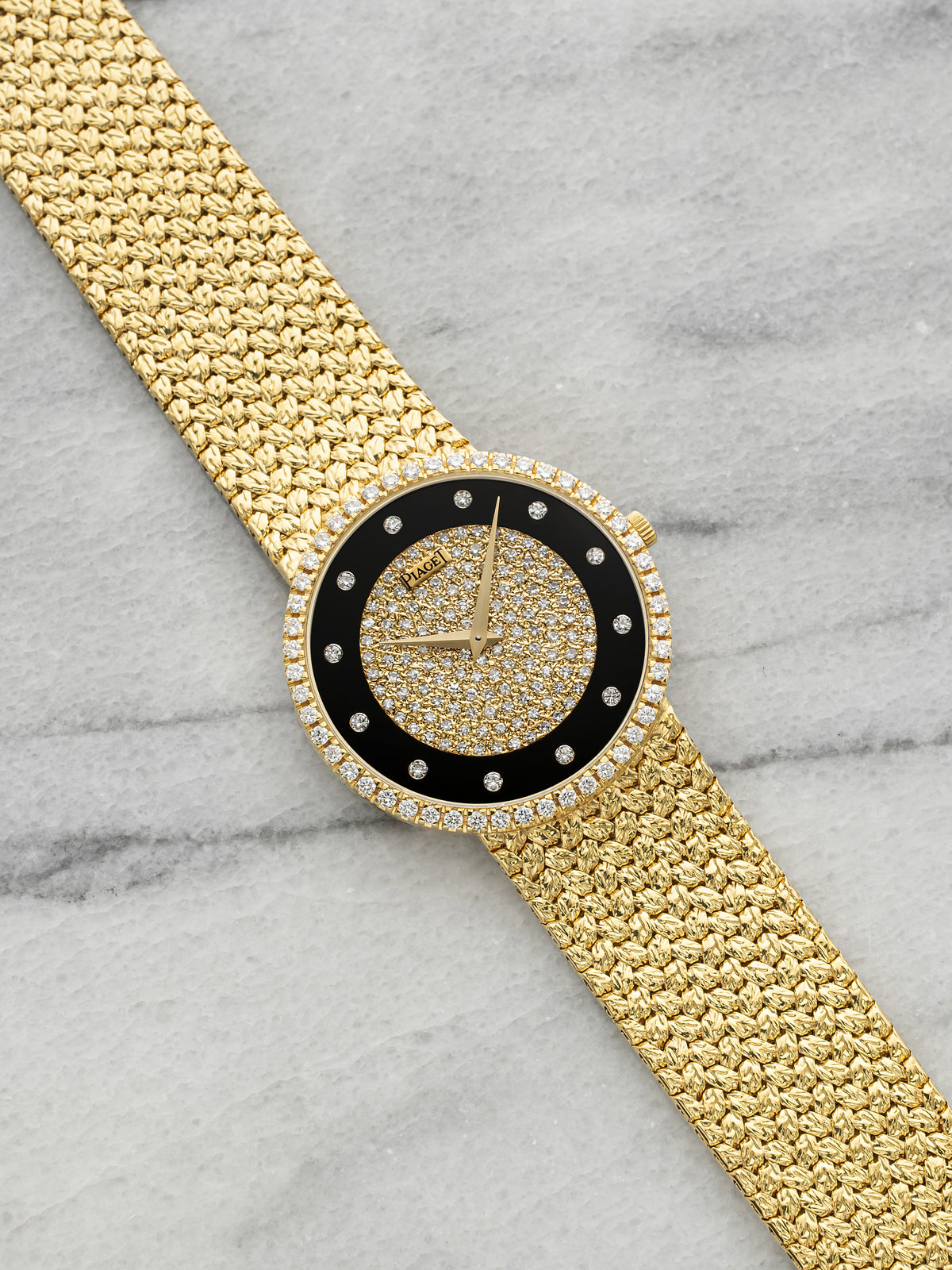 Vintage 1980s Piaget 8066 18K Yellow Gold Diamond & Onyx Stone Dial Quartz 33mm