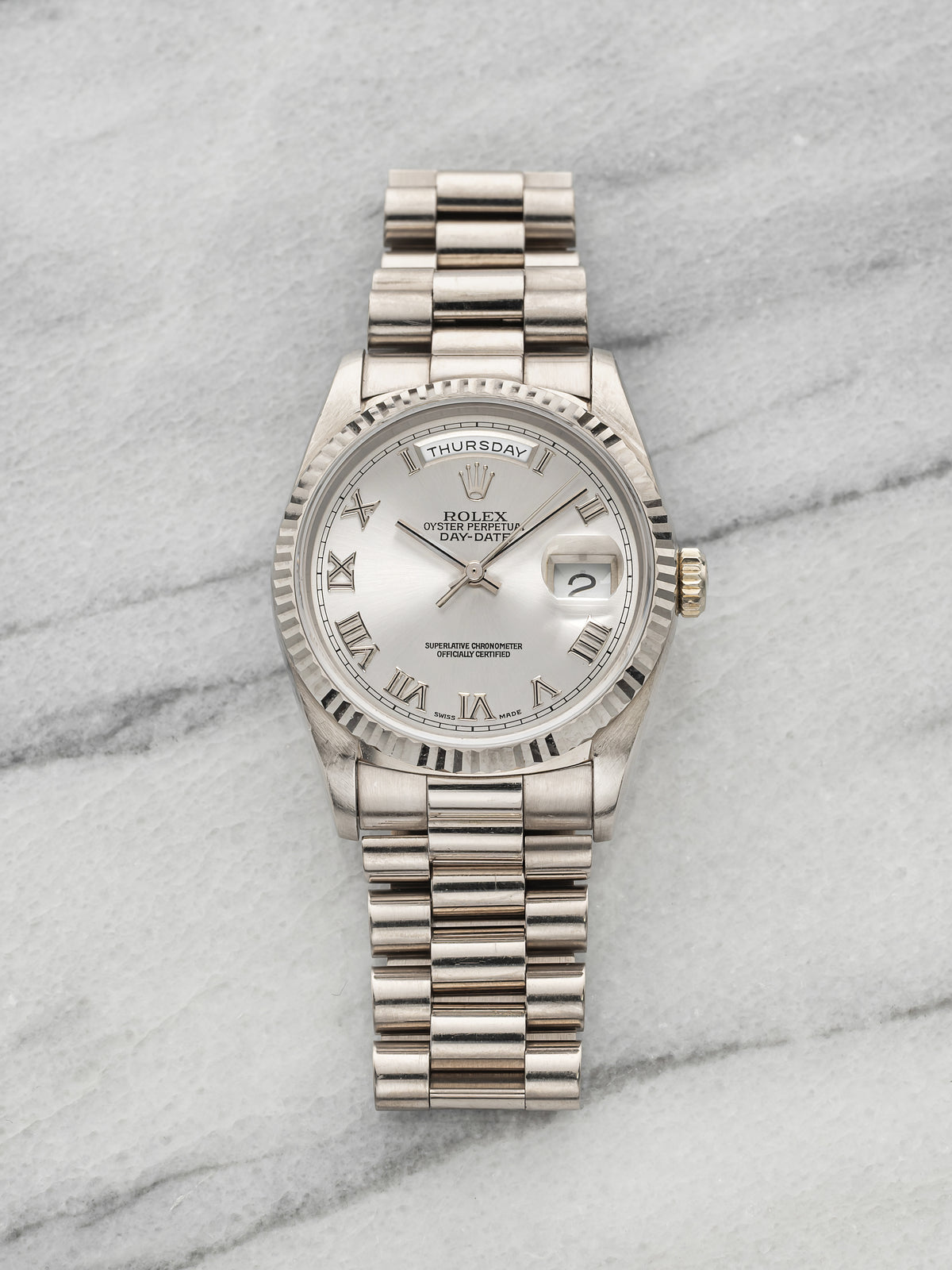 Vintage 1996 Rolex Day-Date 18239 18K White Gold Silver Sunburst Dial Auto 36mm