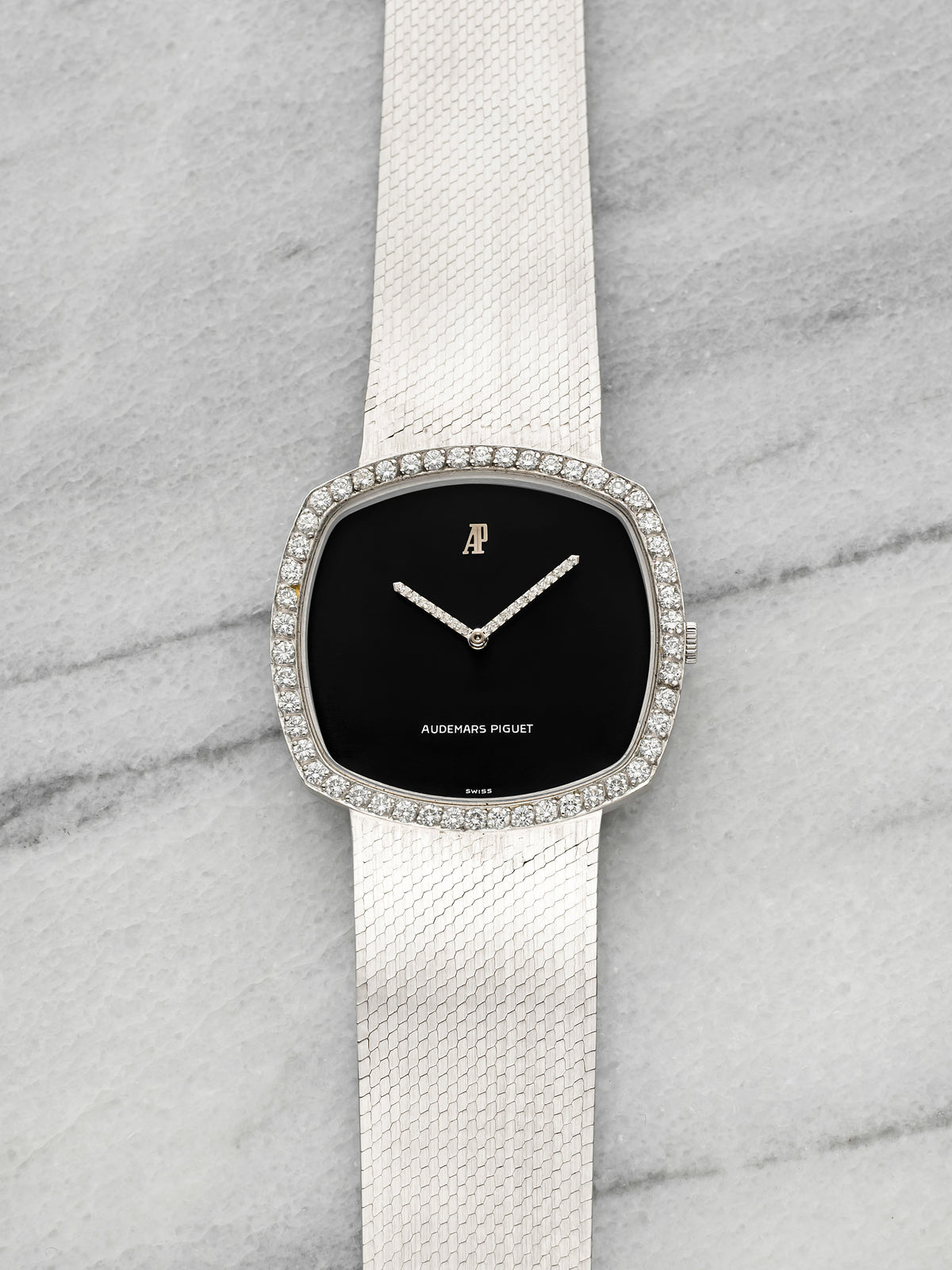 Vintage 1970s Audemars Piguet Cushion Ellipse 18K WG Black Diamond Manual 34mm