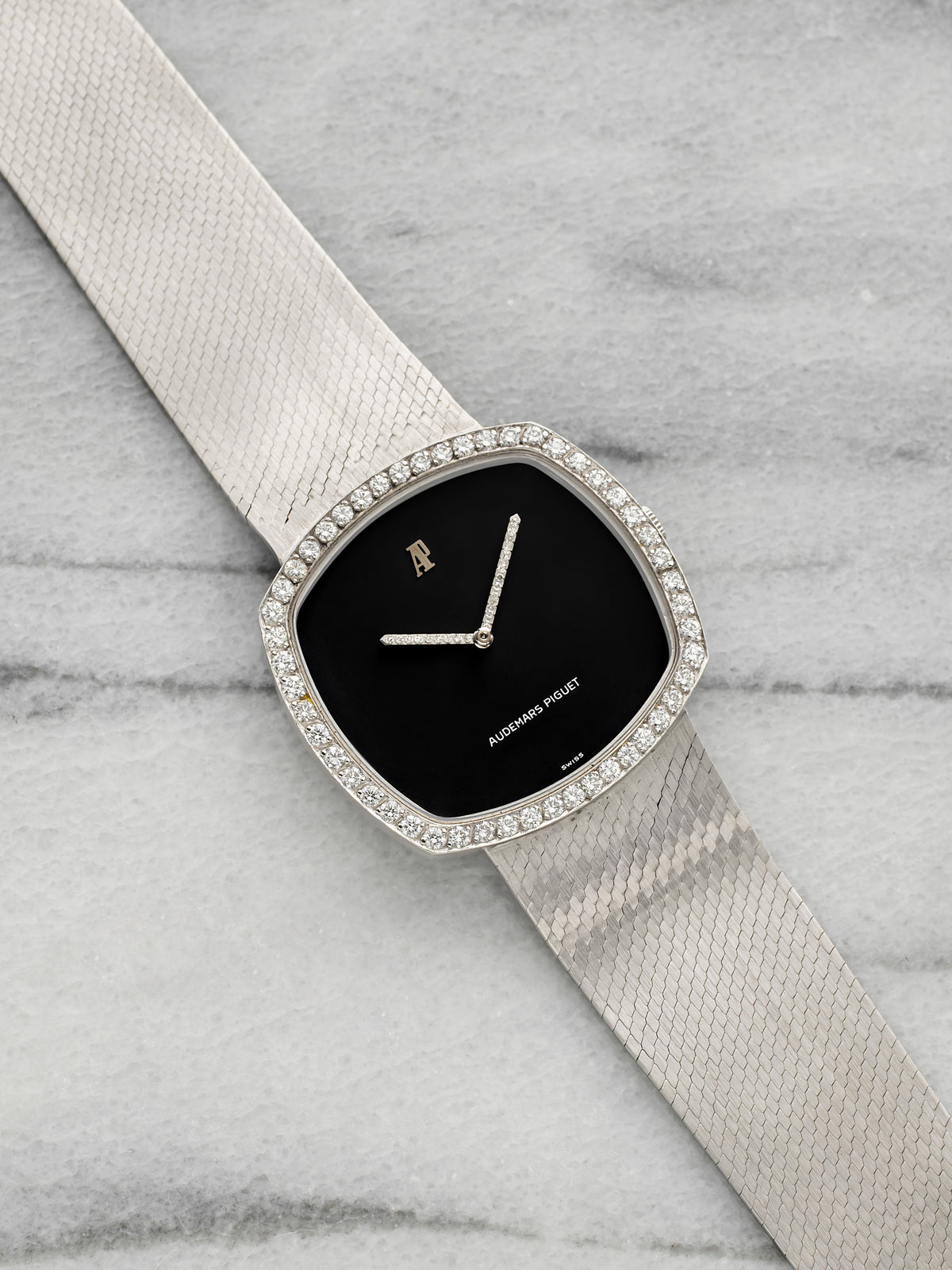 Vintage 1970s Audemars Piguet Cushion Ellipse 18K WG Black Diamond Manual 34mm