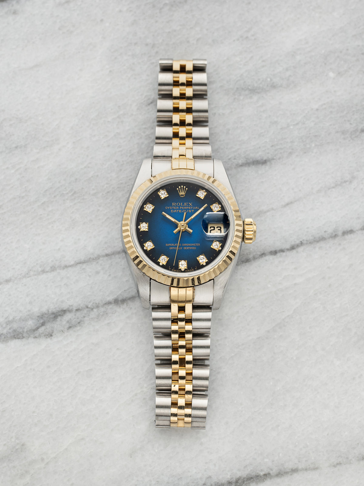 Vintage 1985 Rolex Lady Datejust 69173 Two-Tone Blue Vignette Diamond Auto 26mm