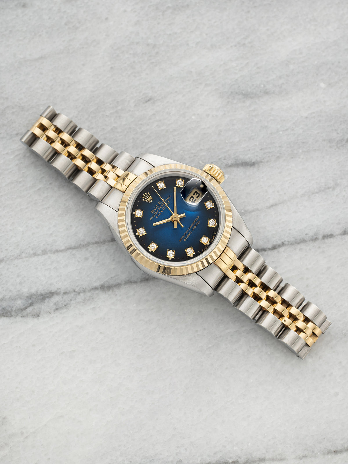 Vintage 1985 Rolex Lady Datejust 69173 Two-Tone Blue Vignette Diamond Auto 26mm