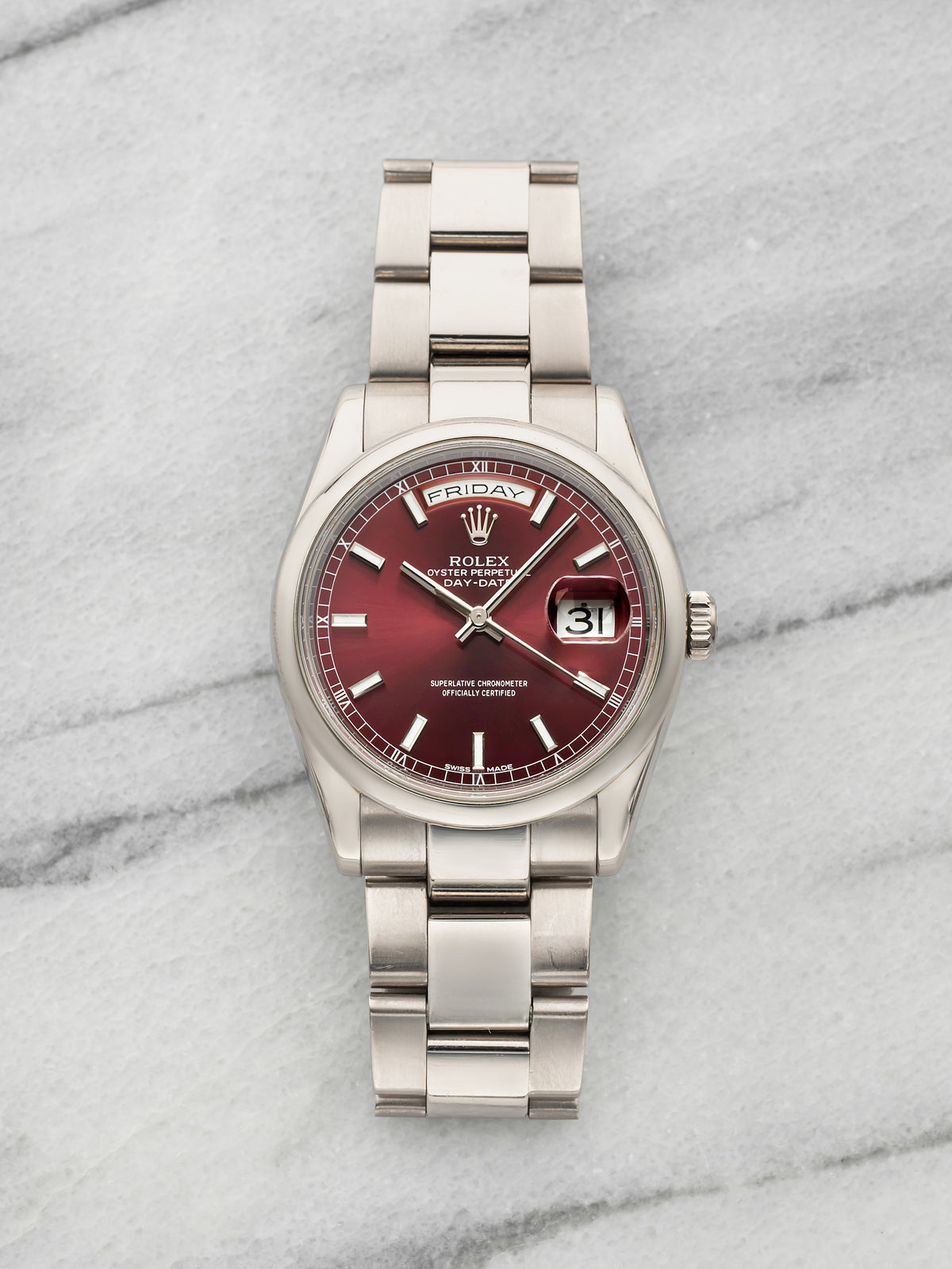 2000 Rolex Day-Date 118209 18K White Gold Cherry Red Dial Auto 36mm
