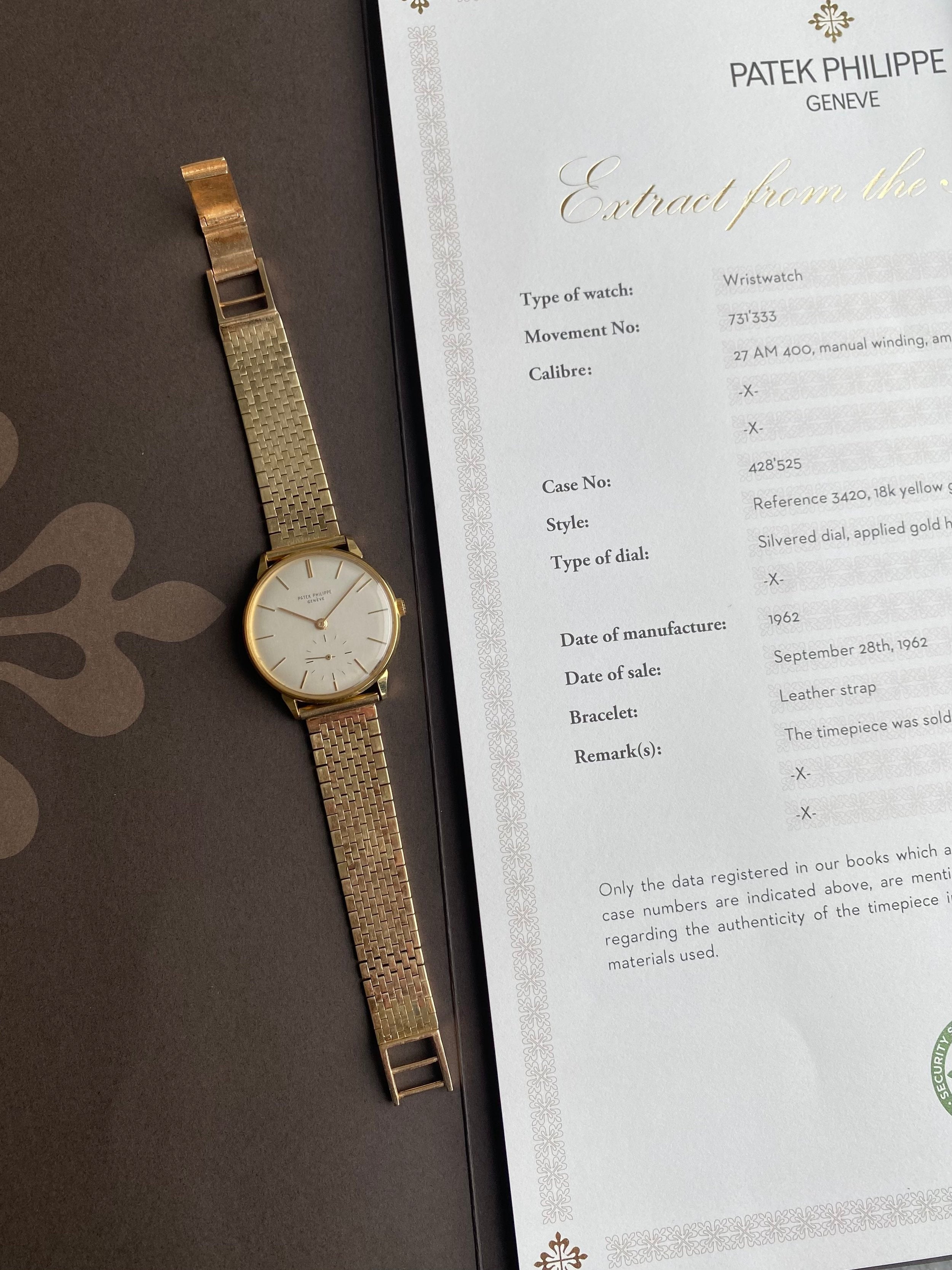 Patek Philippe 3420 - 18K Gold w/ Archives.