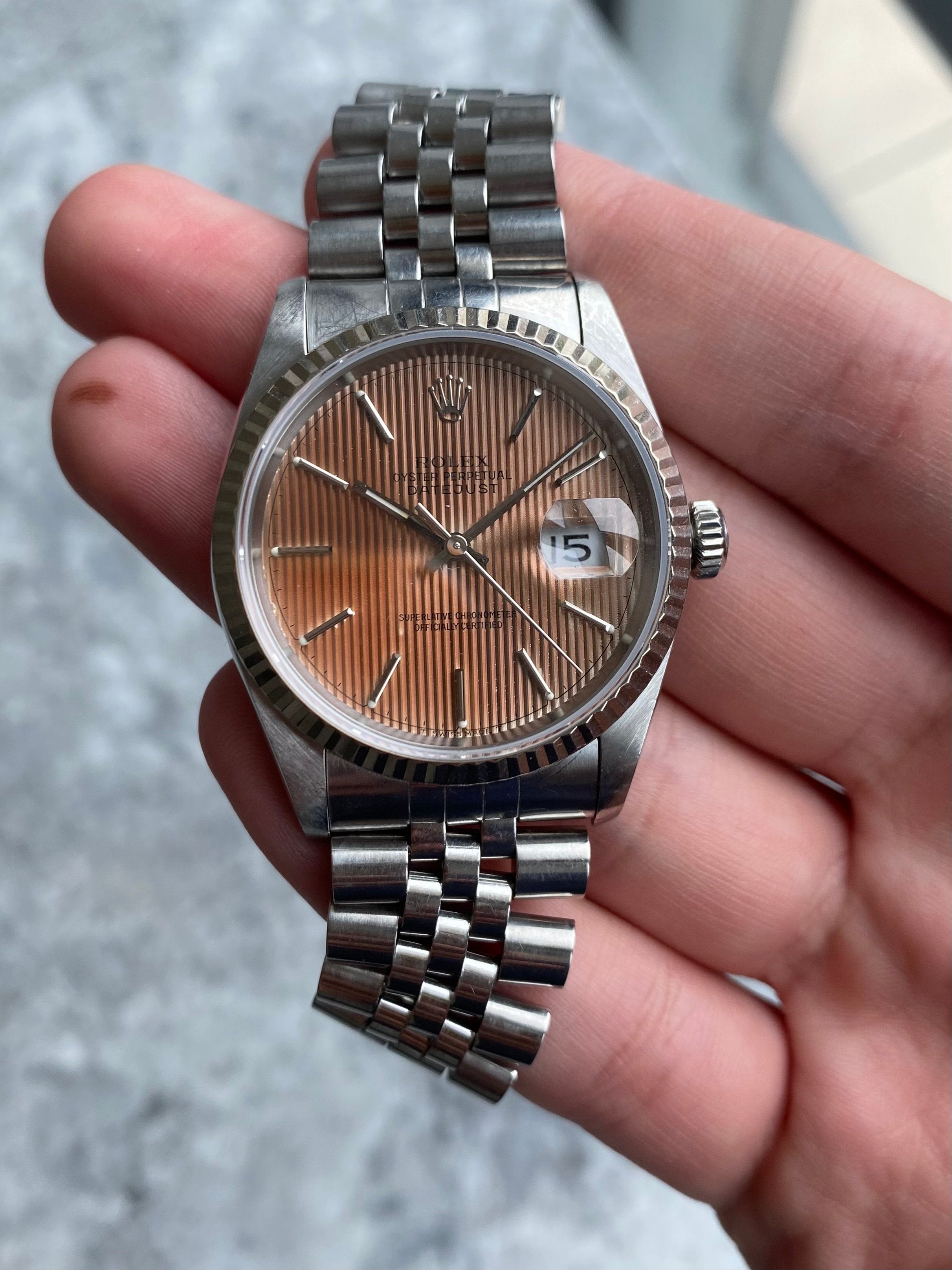 Rolex Datejust 16234 - Salmon Tapestry Dial.