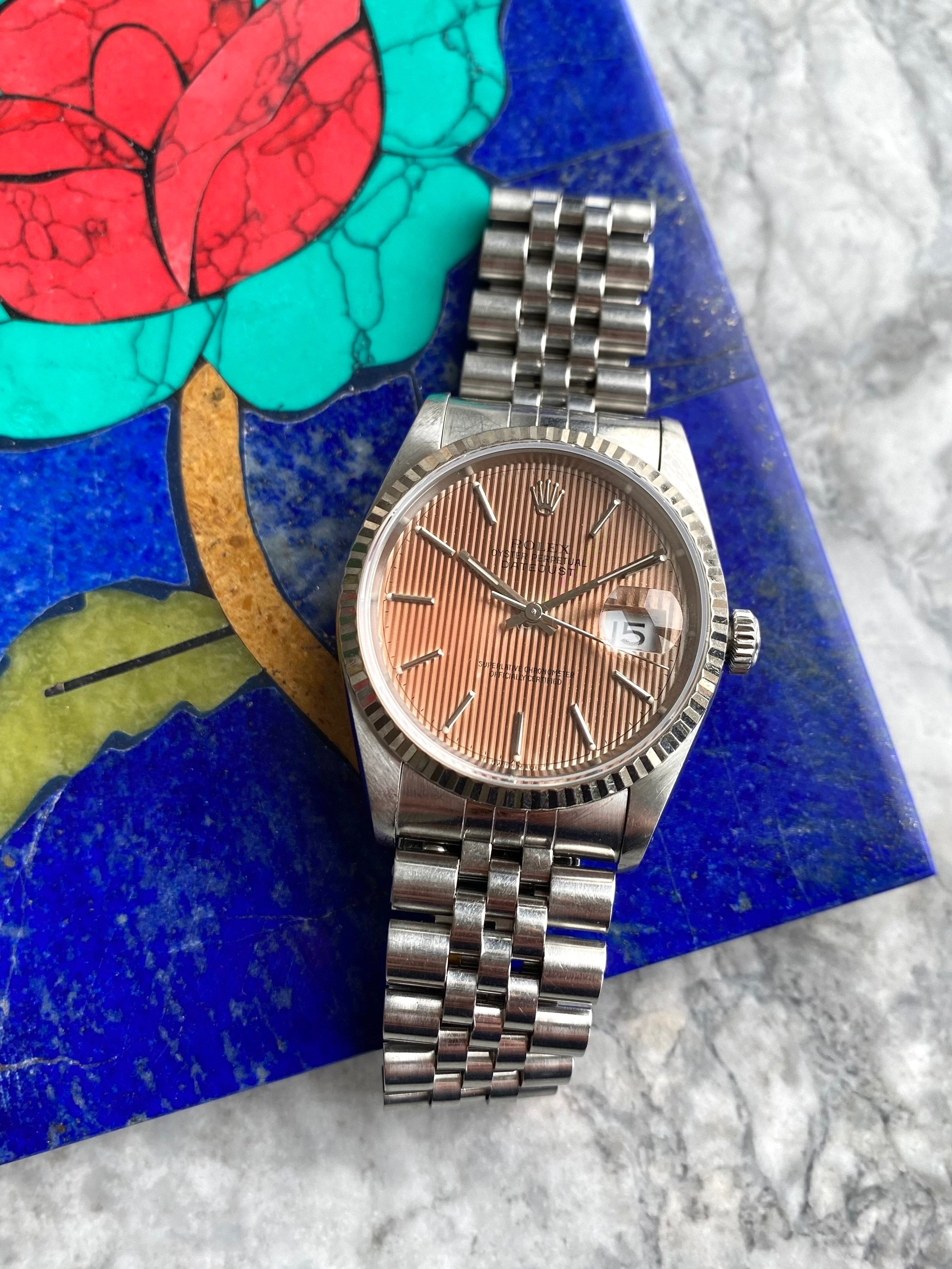 Rolex Datejust 16234 - Salmon Tapestry Dial.