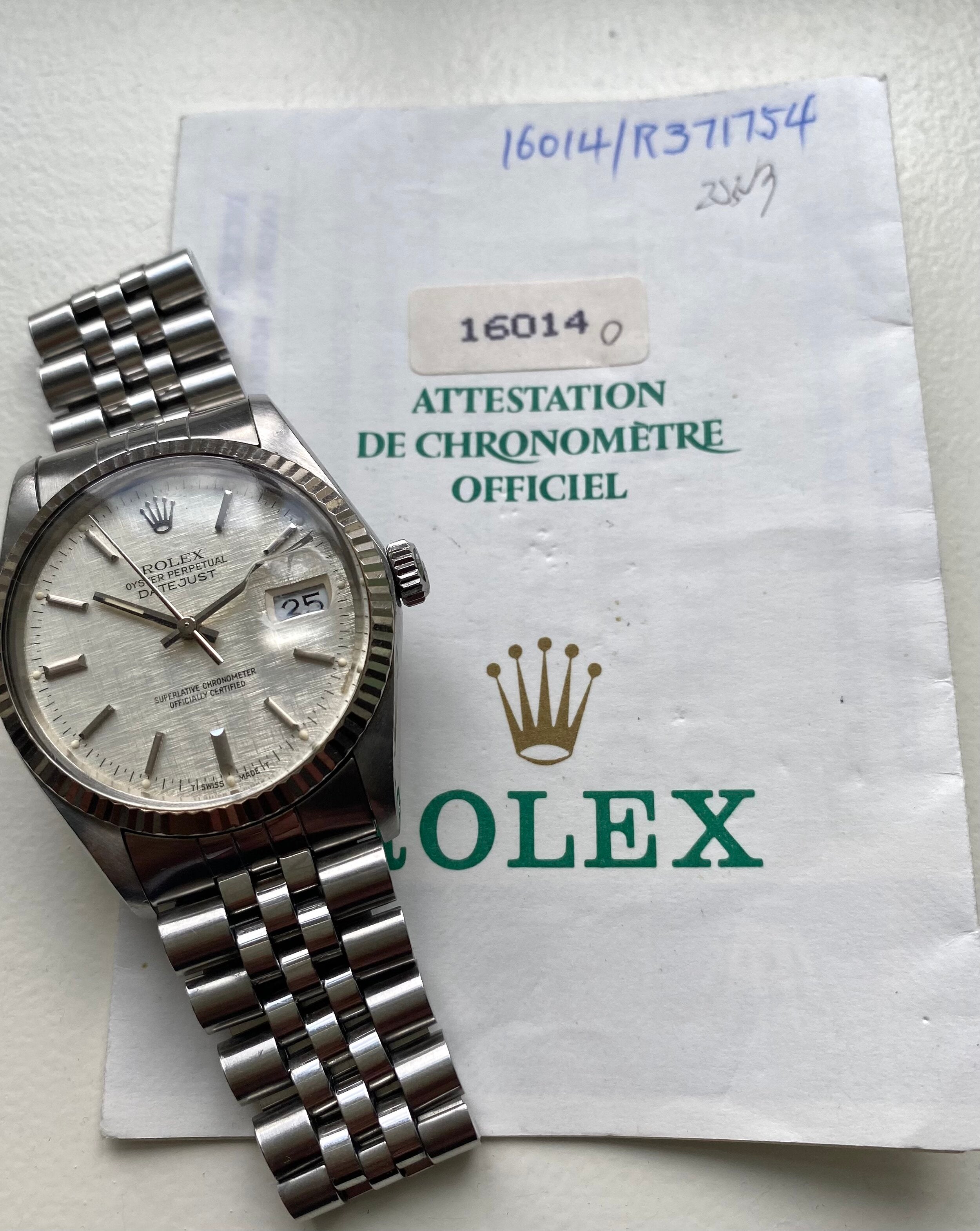 Rolex Datejust ref. 16014 — Linen Dial with Papers