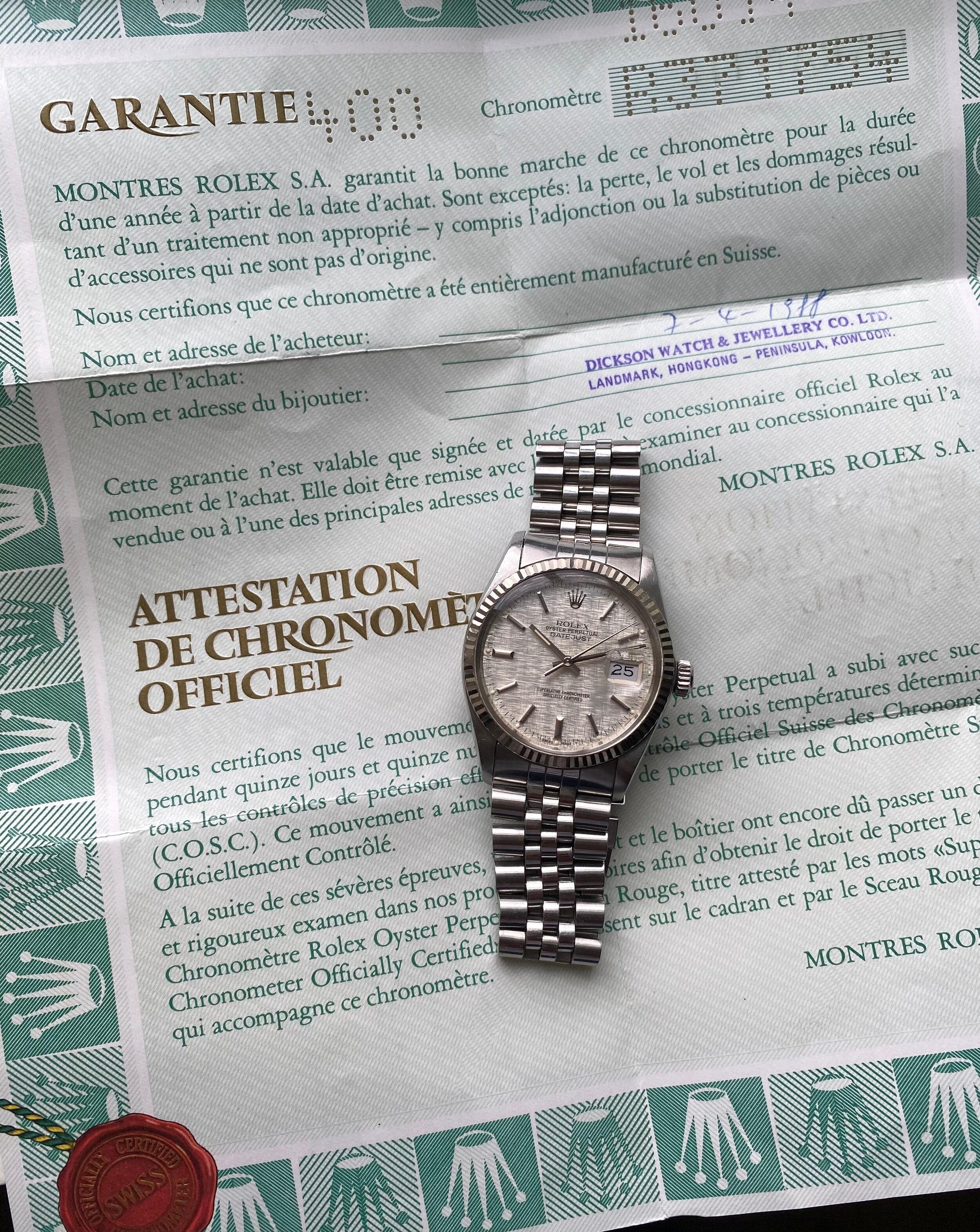 Rolex Datejust ref. 16014 — Linen Dial with Papers