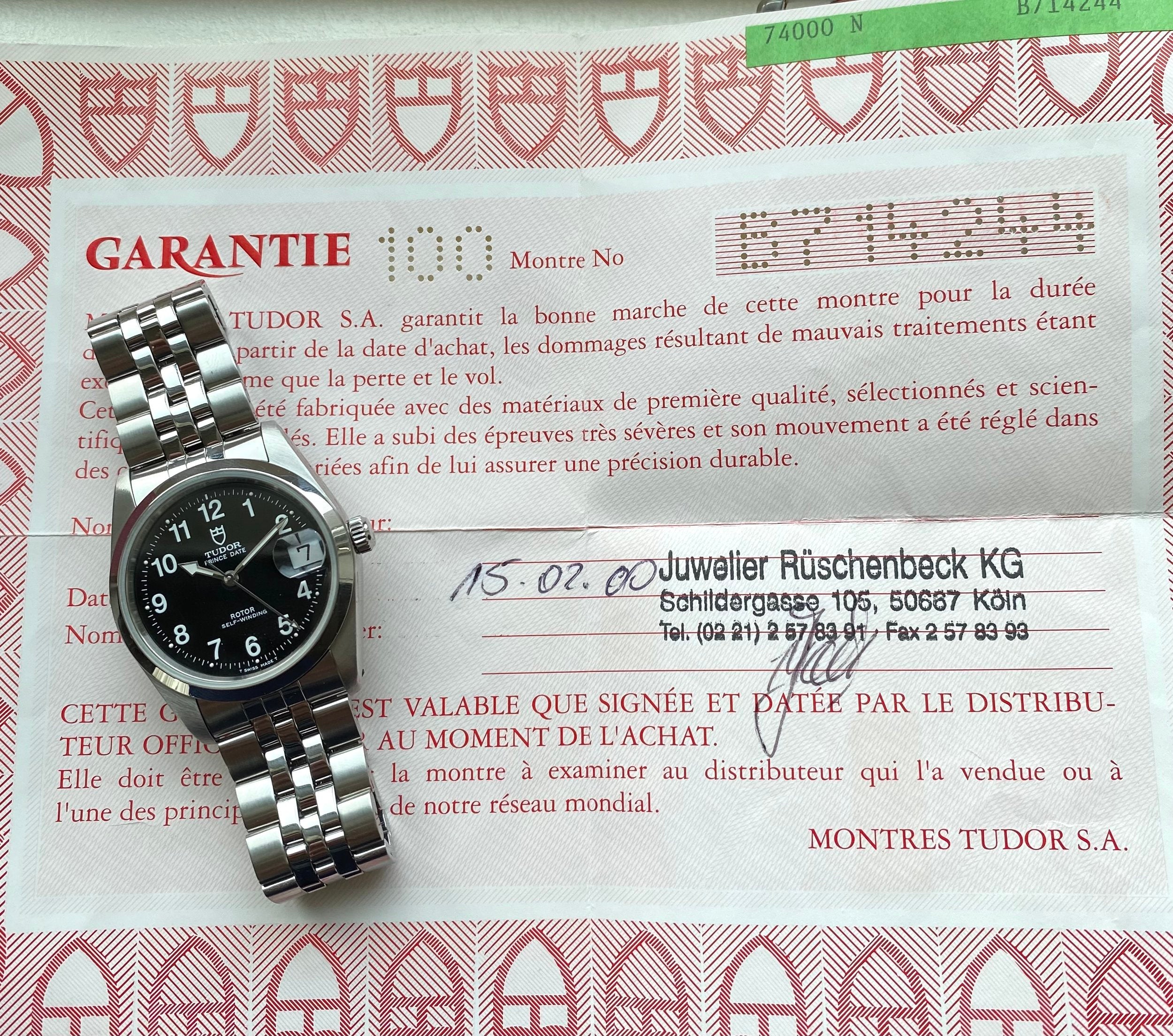 Tudor Prince Date ref. 74000N — Black Arabic Dial with Papers