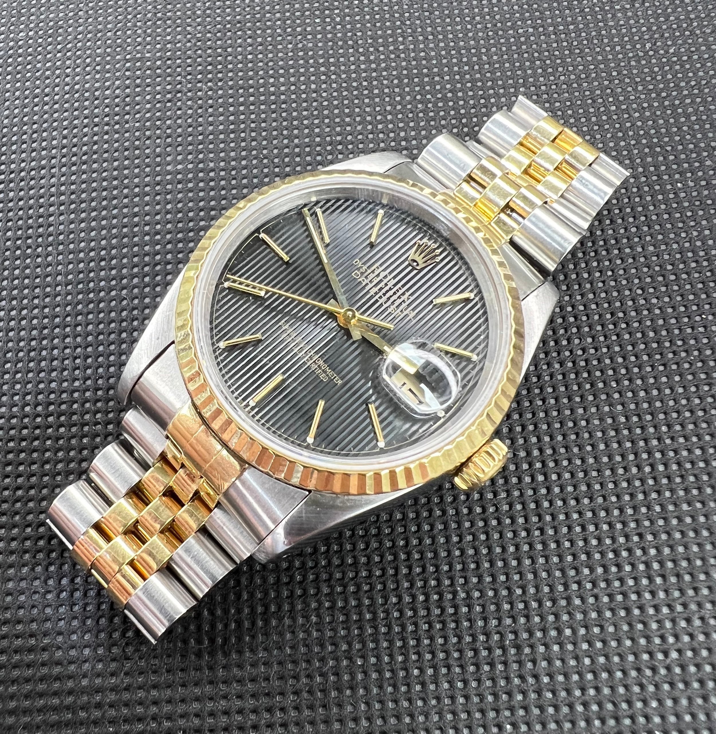 Rolex Datejust Ref 16233 Black Tapestry Dial 18K Yellow Gold Two Tone  Papers Watch