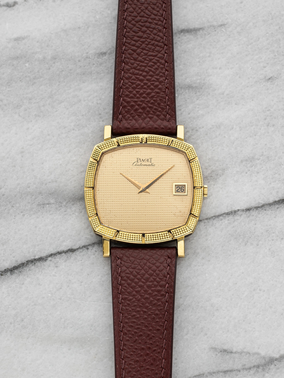 Vintage 1970s Piaget 13427 18K YG TV Case Champagne Hobnail Dial Auto 31mm
