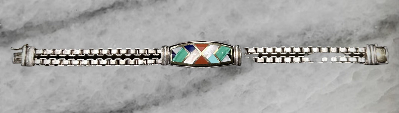 Asch Grossbardt Sterling Silver 18K Gold Stone Inlay Box Link Bracelet 7