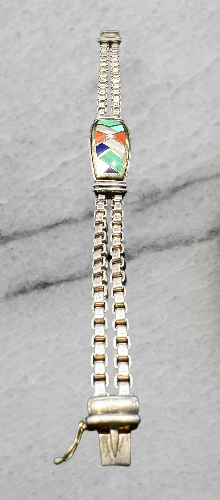 Asch Grossbardt Sterling Silver 18K Gold Stone Inlay Box Link Bracelet 7