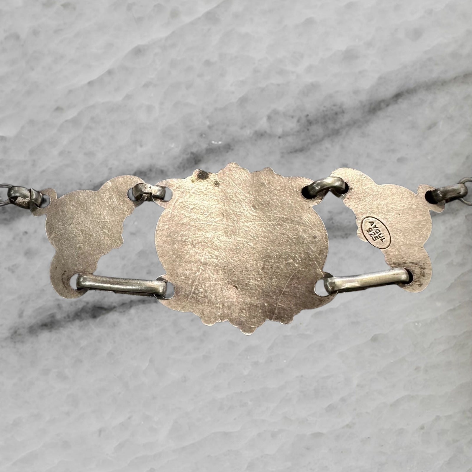 Aygul Turkey Vintage Sterling Silver Etched Panel Chain Necklace Choker