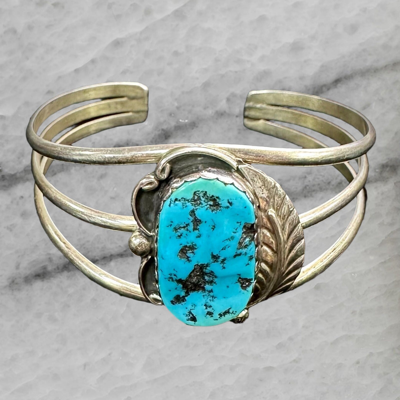 Cecil Henry Vintage Navajo Sterling Silver Triple Wired Turquoise Cuff Bangle