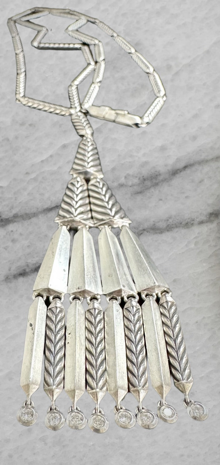 David Yurman Sterling Silver Chevron Stax Fringe Pendant Necklace w Diamonds 26