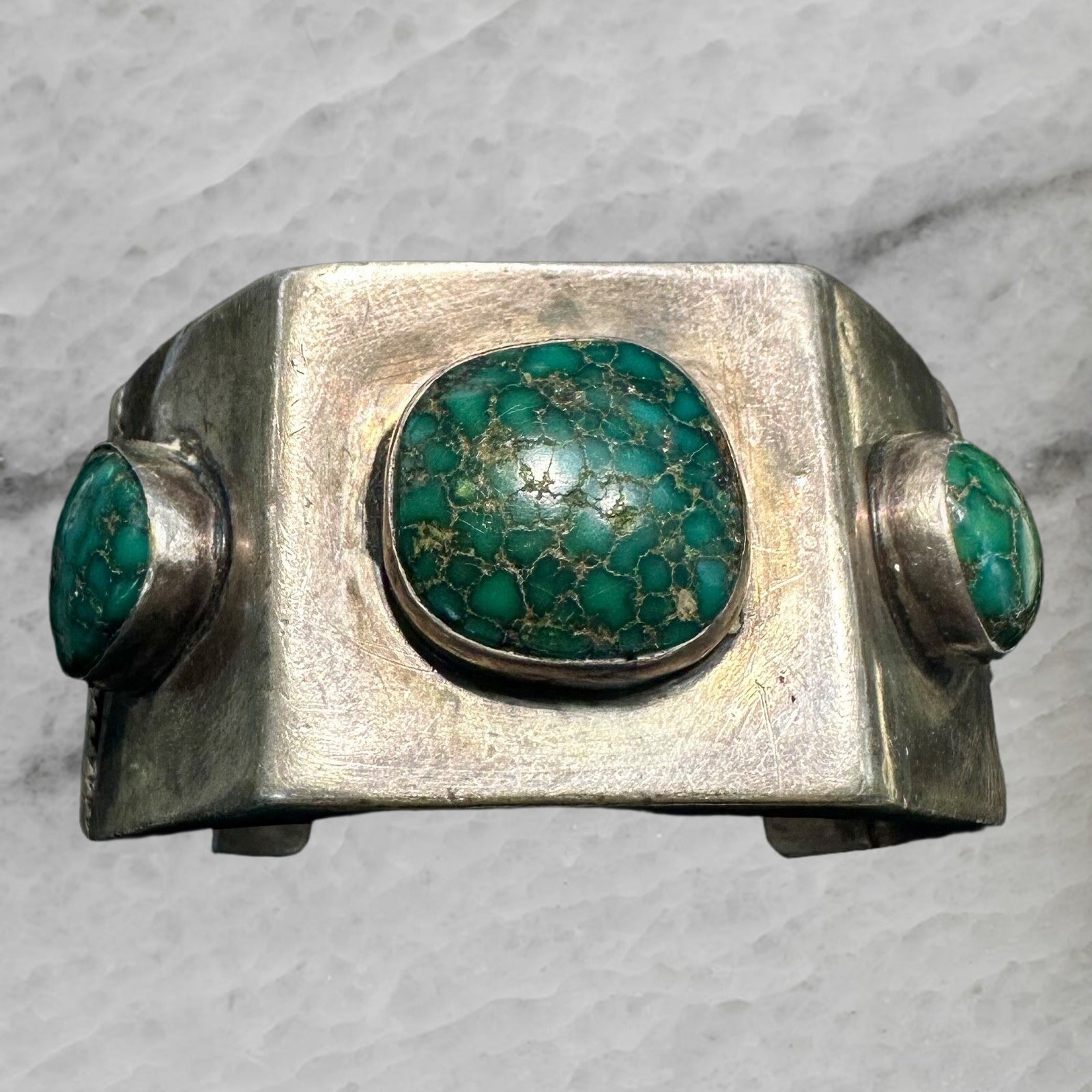 Gibson Nez Vintage Navajo Sterling Silver 3 Turquoise Heavy Cuff Bracelet