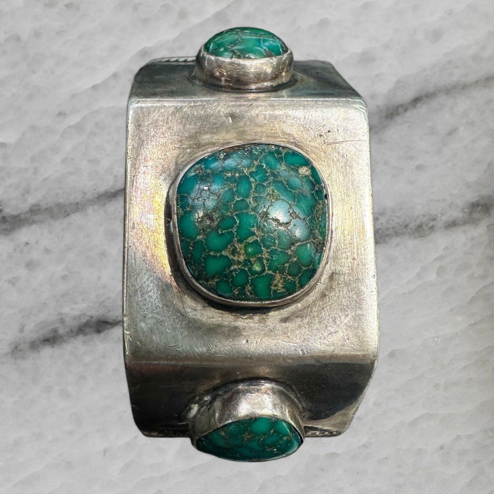 Gibson Nez Vintage Navajo Sterling Silver 3 Turquoise Heavy Cuff Bracelet
