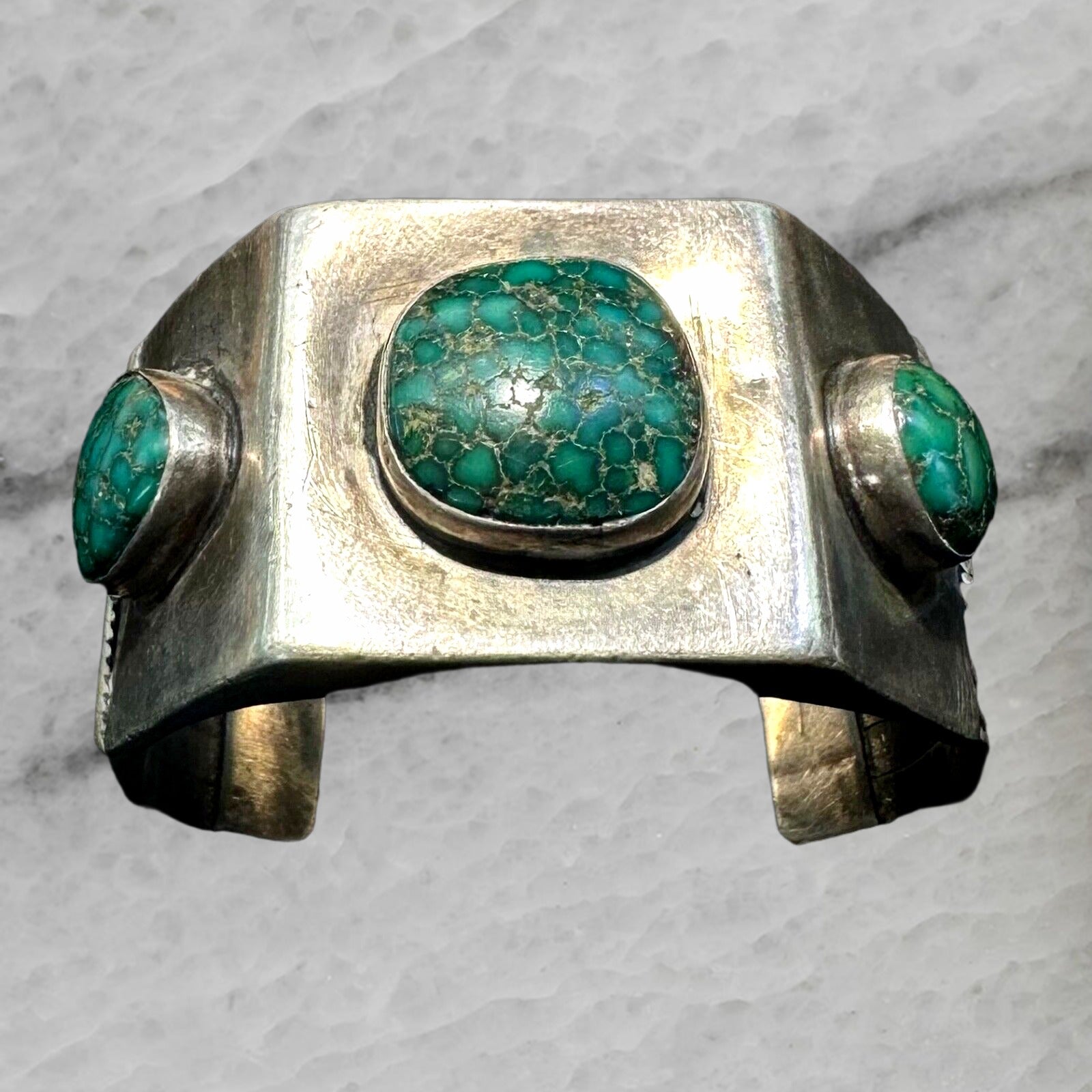 Gibson Nez Vintage Navajo Sterling Silver 3 Turquoise Heavy Cuff Bracelet