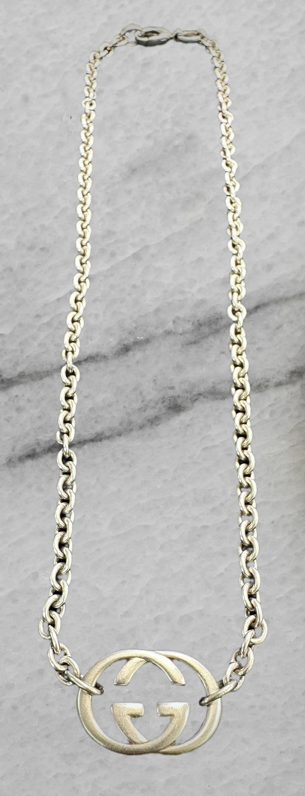 Gucci Italy Sterling Silver Interlocking G Pendant Rolo Chain Necklace 17 75