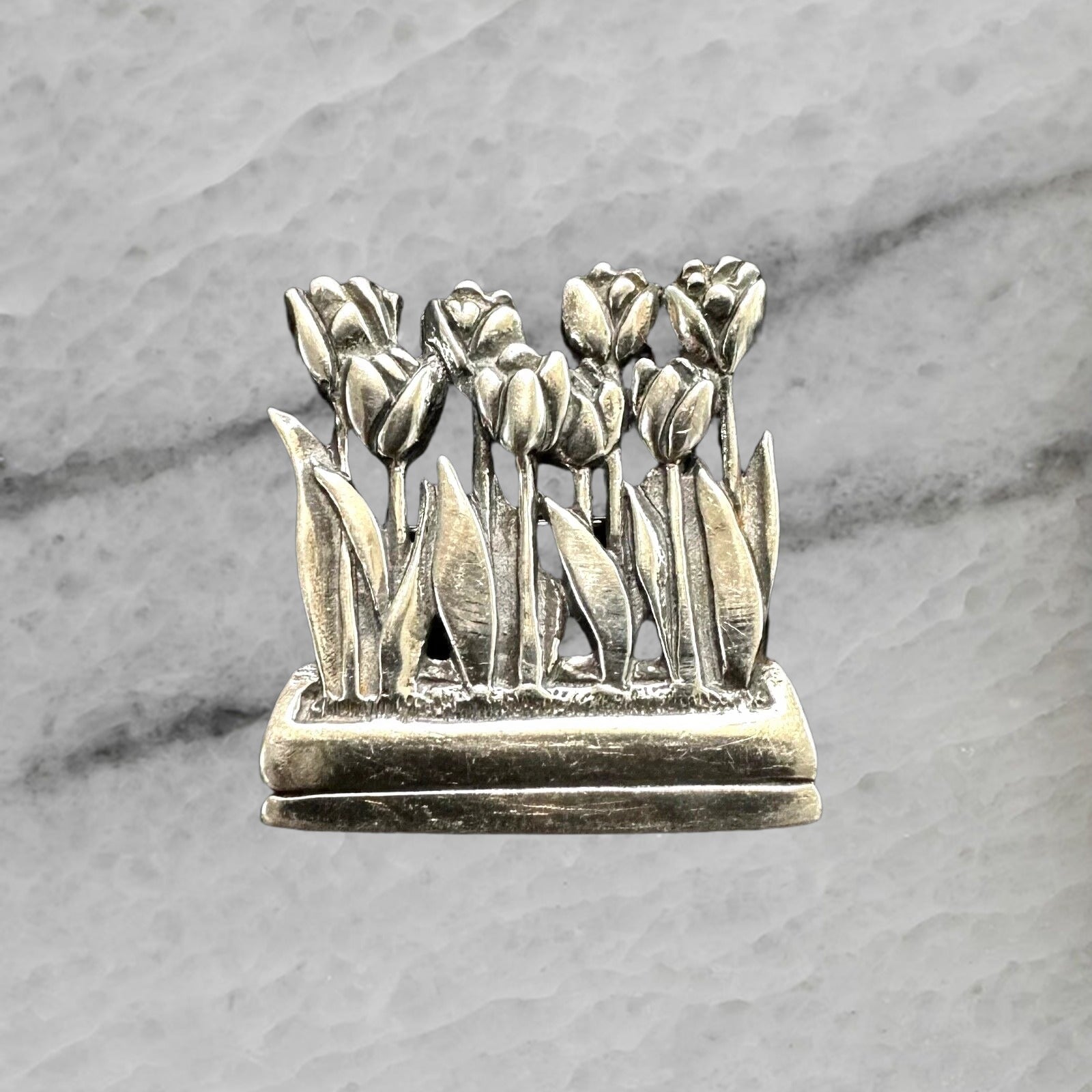 Hand Hammer Vintage Sterling Silver Tulip Flowers Brooch Pin