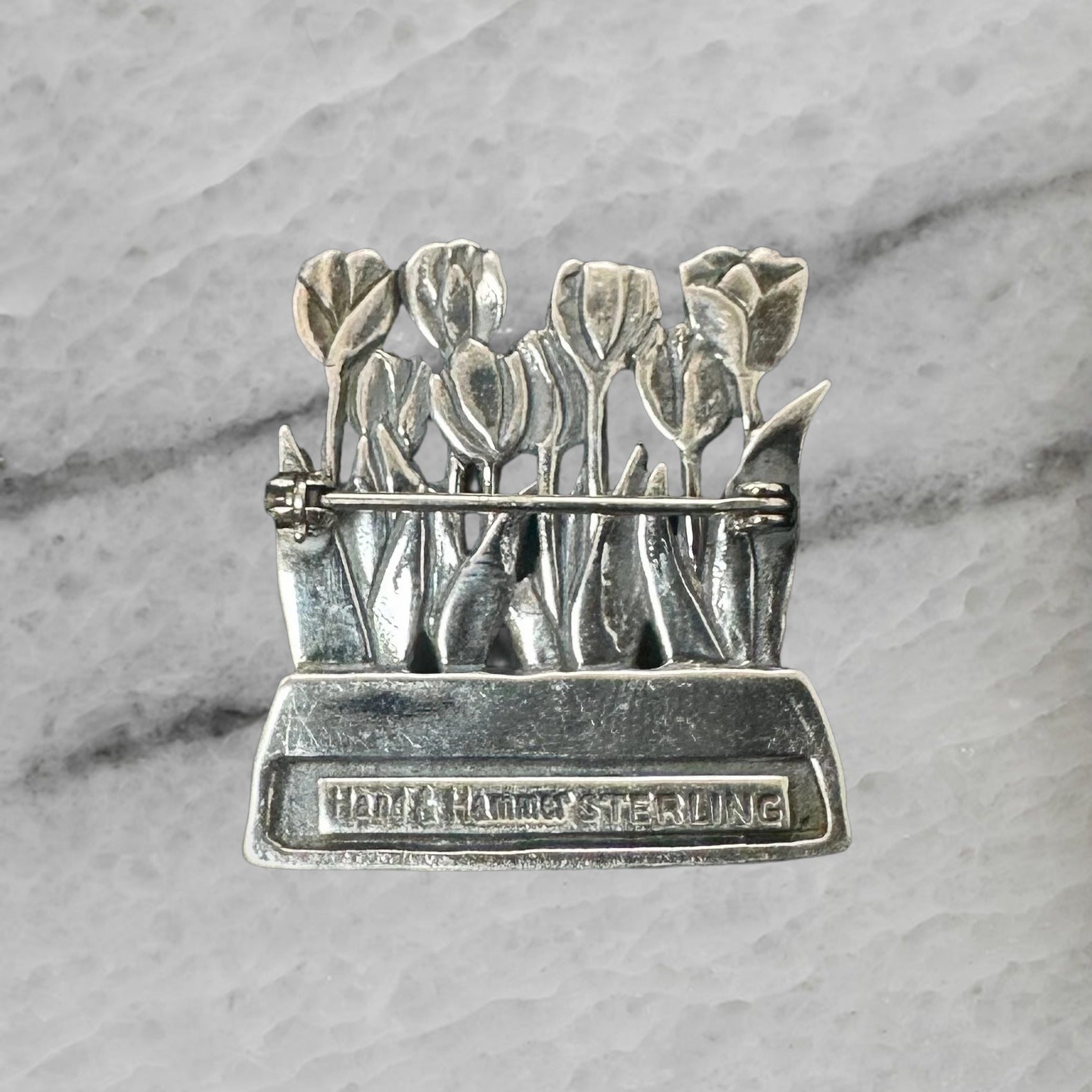 Hand Hammer Vintage Sterling Silver Tulip Flowers Brooch Pin