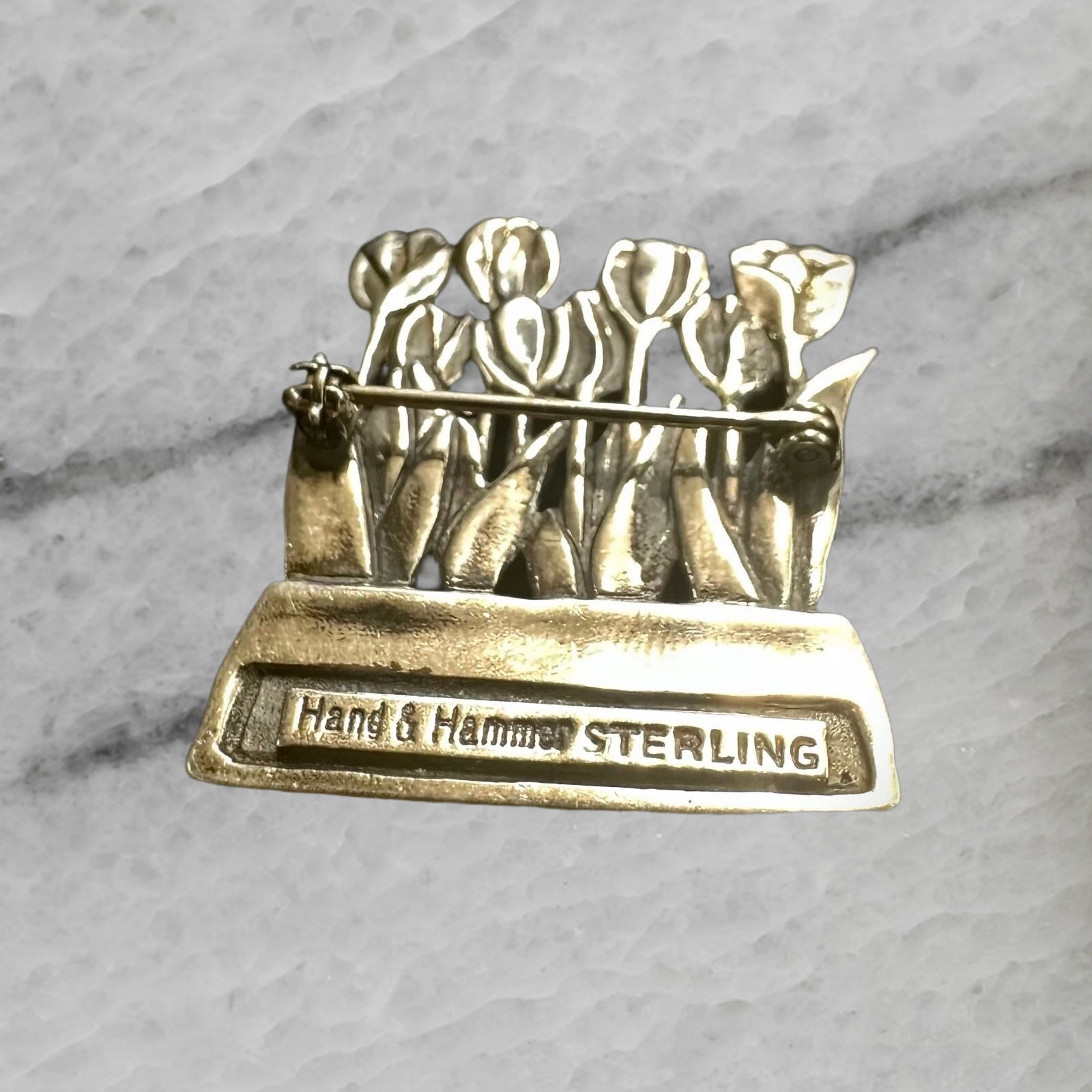 Hand Hammer Vintage Sterling Silver Tulip Flowers Brooch Pin